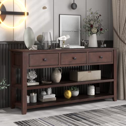 Vintage Wooden Console Table with 3 Drawers & Open Shelves - Mid-Century Modern Sofa Table, Entryway Buffet Table, Hallway Accent Furniture - Easy Assembly in Espresso Finish (Perfect for Living Room, Bedroom or Office Decor)