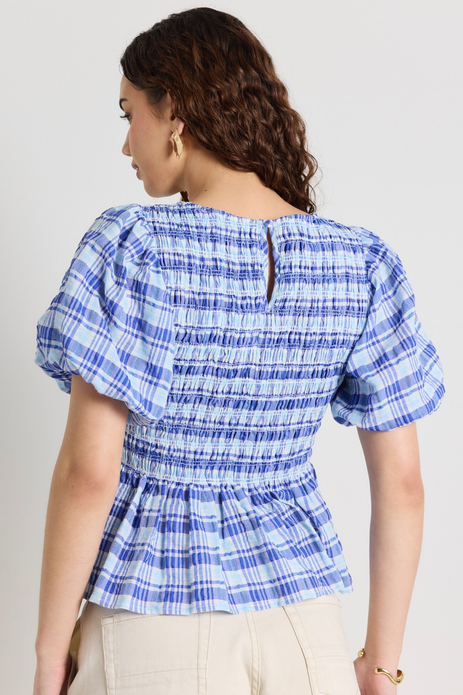 Beholden Blue Check Print Shirred Short Sleeve Blouse - Women's Casual Summer Tops for Beach, Vacation & Everyday Wear