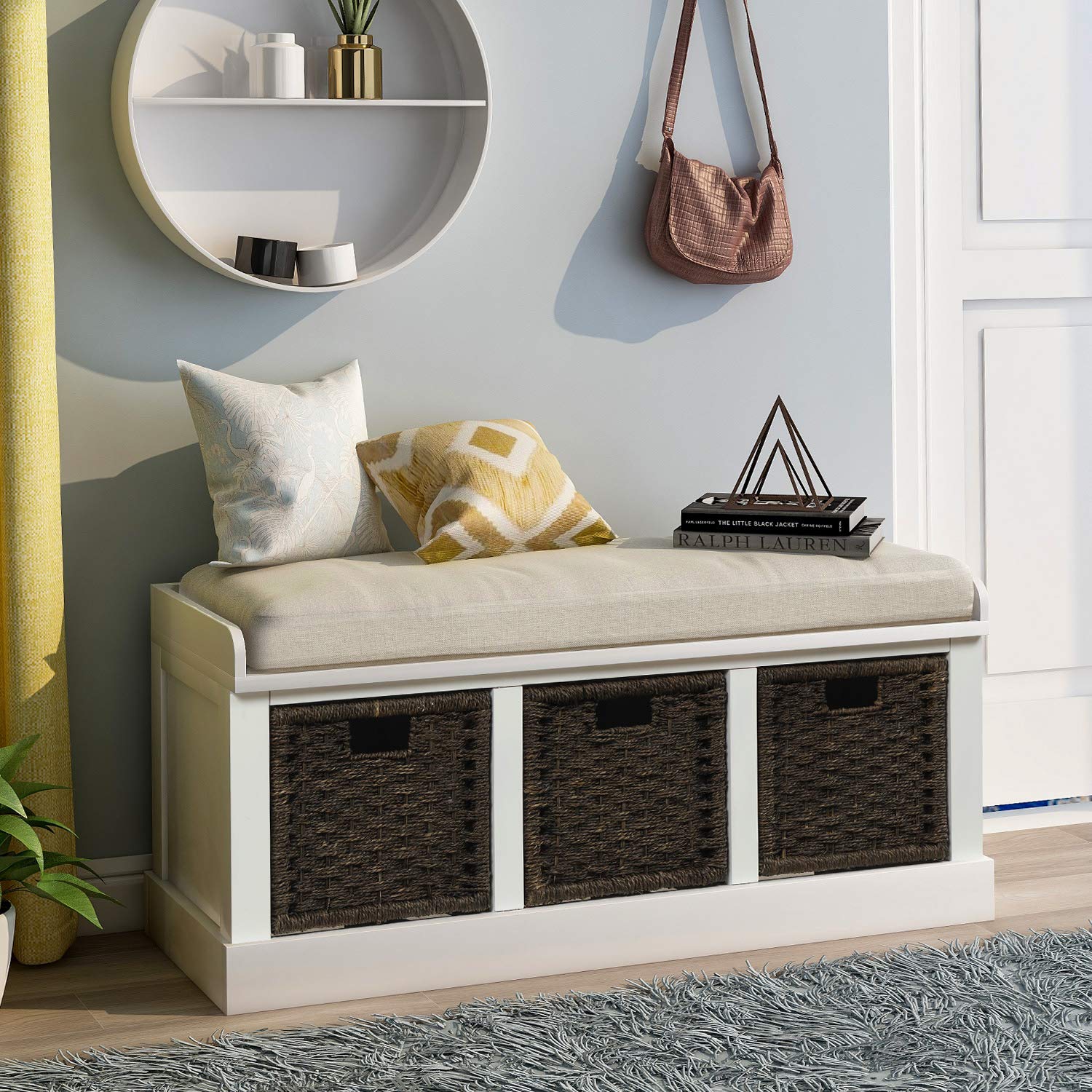 Wicker Storage Bench with 3 Woven Baskets & Removable Cushion - Wooden Entryway Shoe Bench for Hallway, Living Room, Bedroom - White - Perfect for Organizing Shoes, Blankets & Home Decor in Small Spaces
