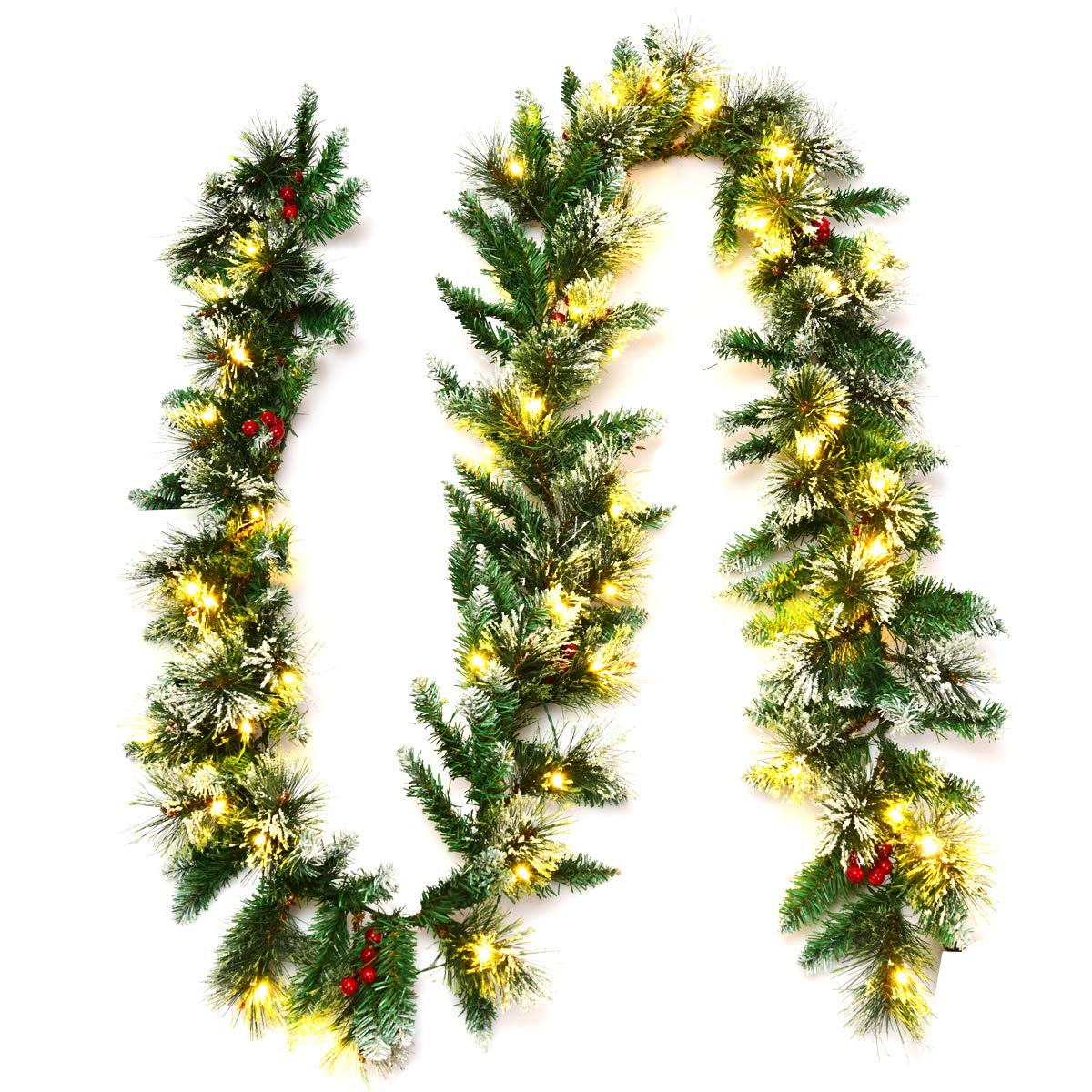 Goplus 9FT Pre-lit Artificial Christmas Garland with 50 LED Lights & Red Berries - Pine Rattan Holiday Decor with Timer for Christmas Tree, Mantel, Staircase, Wedding & Party Decorations