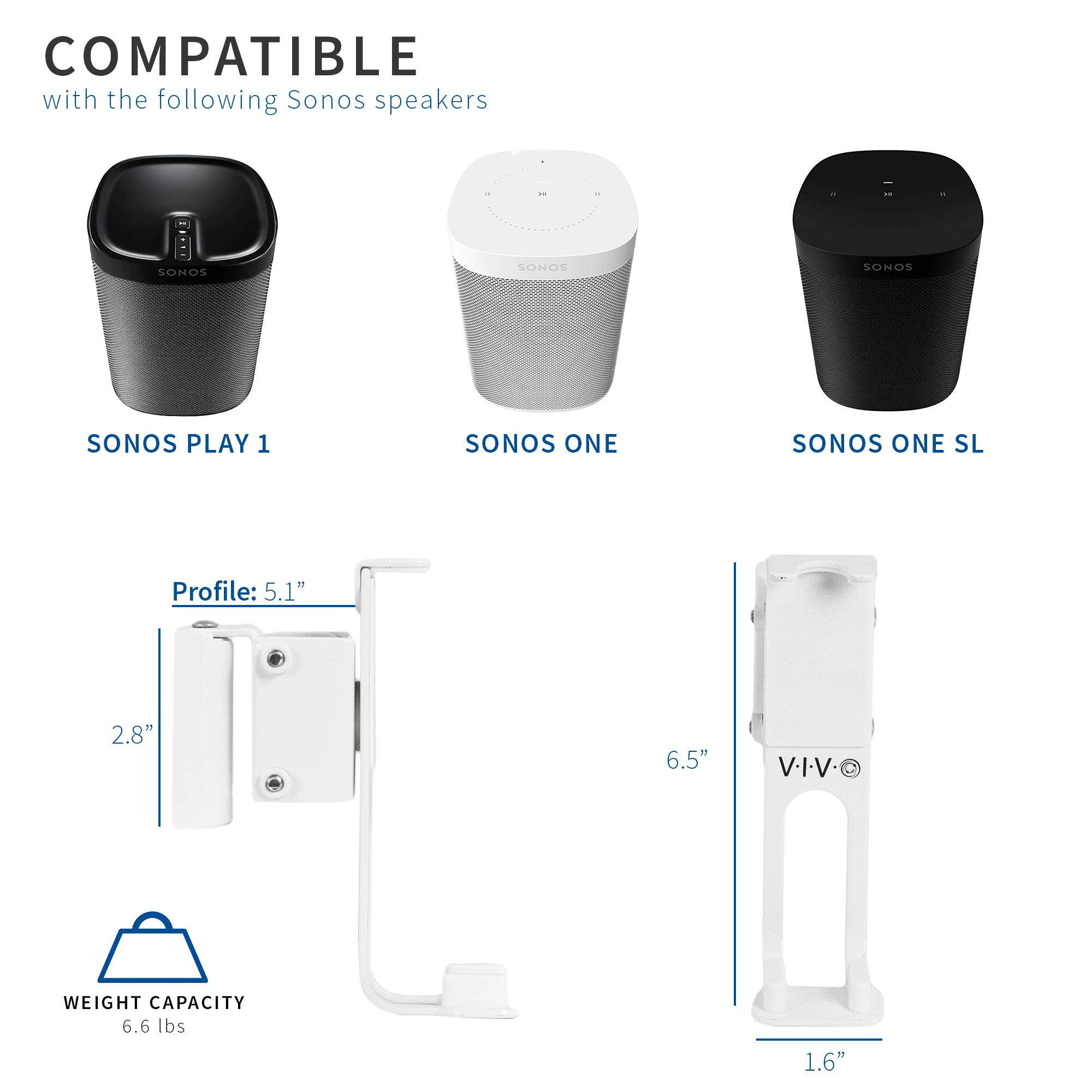VIVO White Dual Wall Mount Brackets for Sonos One, SL, and Play:1 Speakers | Adjustable Mounting System for 2 Sonos Audio Devices (MOUNT-PLAY1W) | Perfect for Home Theater, Office, and Indoor Speaker Installation