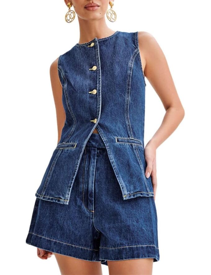 Stylish Women's 2-Piece Denim Set - Sleeveless Blazer Vest & Shorts Outfit | Business Casual & Summer Streetwear | Perfect for Office, Dating & Vacation