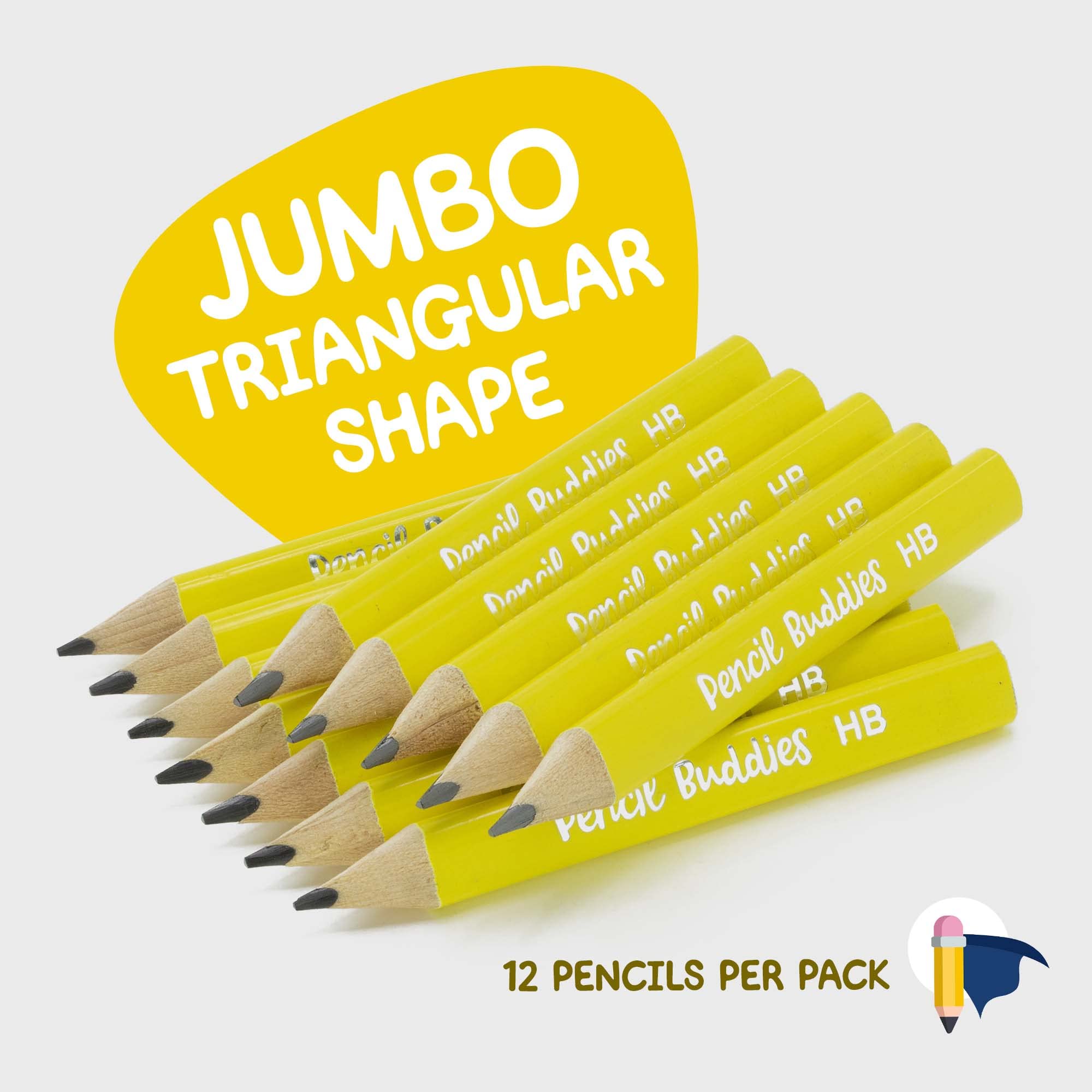 Jumbo Pencils for Kids - 12 Pack #2 Triangle Grip Fat Pencils with Sharpener & Eraser - Perfect for Preschool, Kindergarten & Beginners - Ideal for Writing Practice, Classroom & Homeschooling (Yellow)