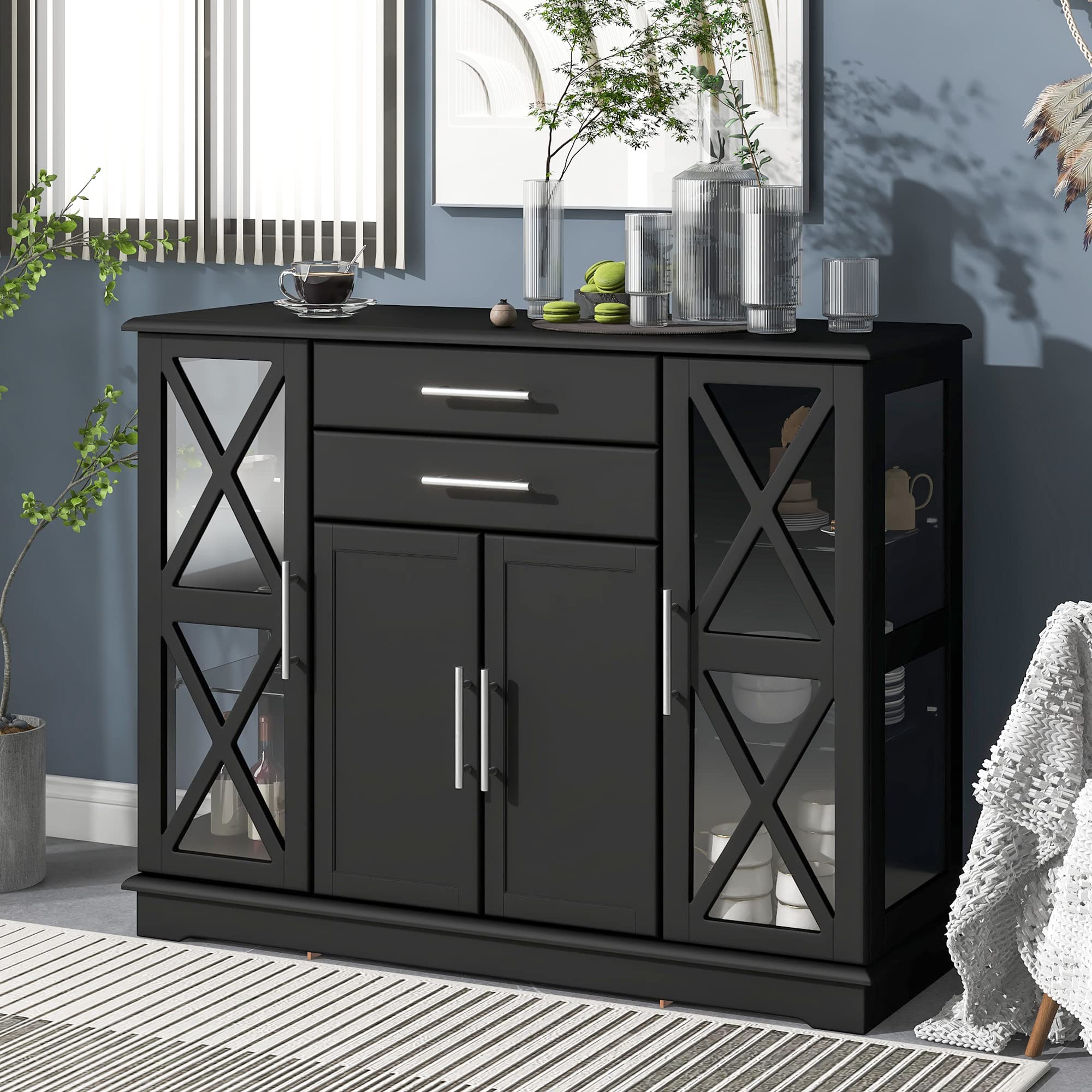 Modern Accent Buffet Sideboard with Tempered Glass Doors & Adjustable Shelves - Black Console Sofa Table for Kitchen, Dining Room, Living Room | Perfect for Entertaining, Storage & Displaying Decor