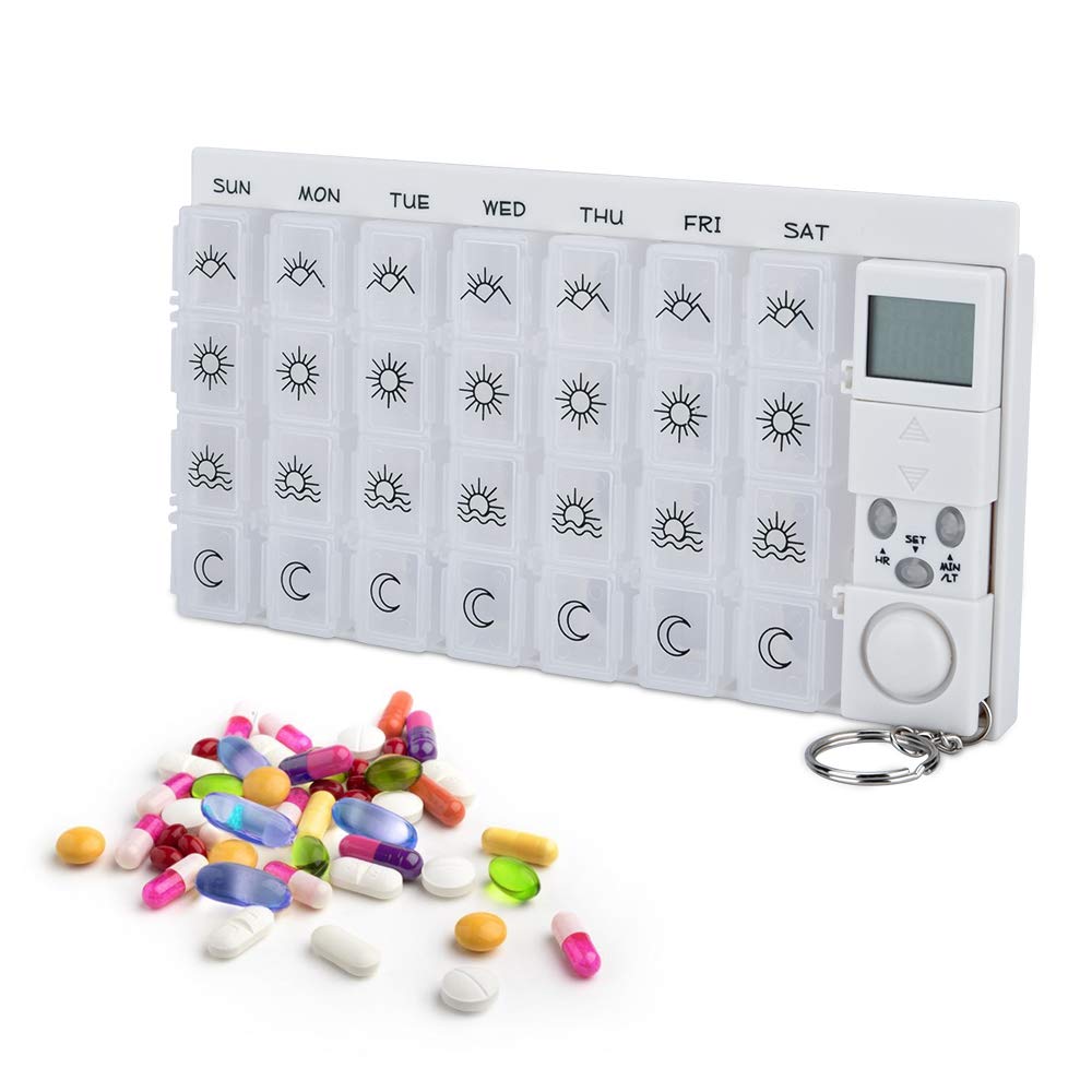 7-Day Weekly Pill Organizer Box with 4 Alarm Reminders - Large Compartment Medication & Vitamin Storage - Travel-Friendly Snap Lid Design (Blue Rectangle) - Perfect for Daily Pills, Fish Oil Supplements & Travel Organization