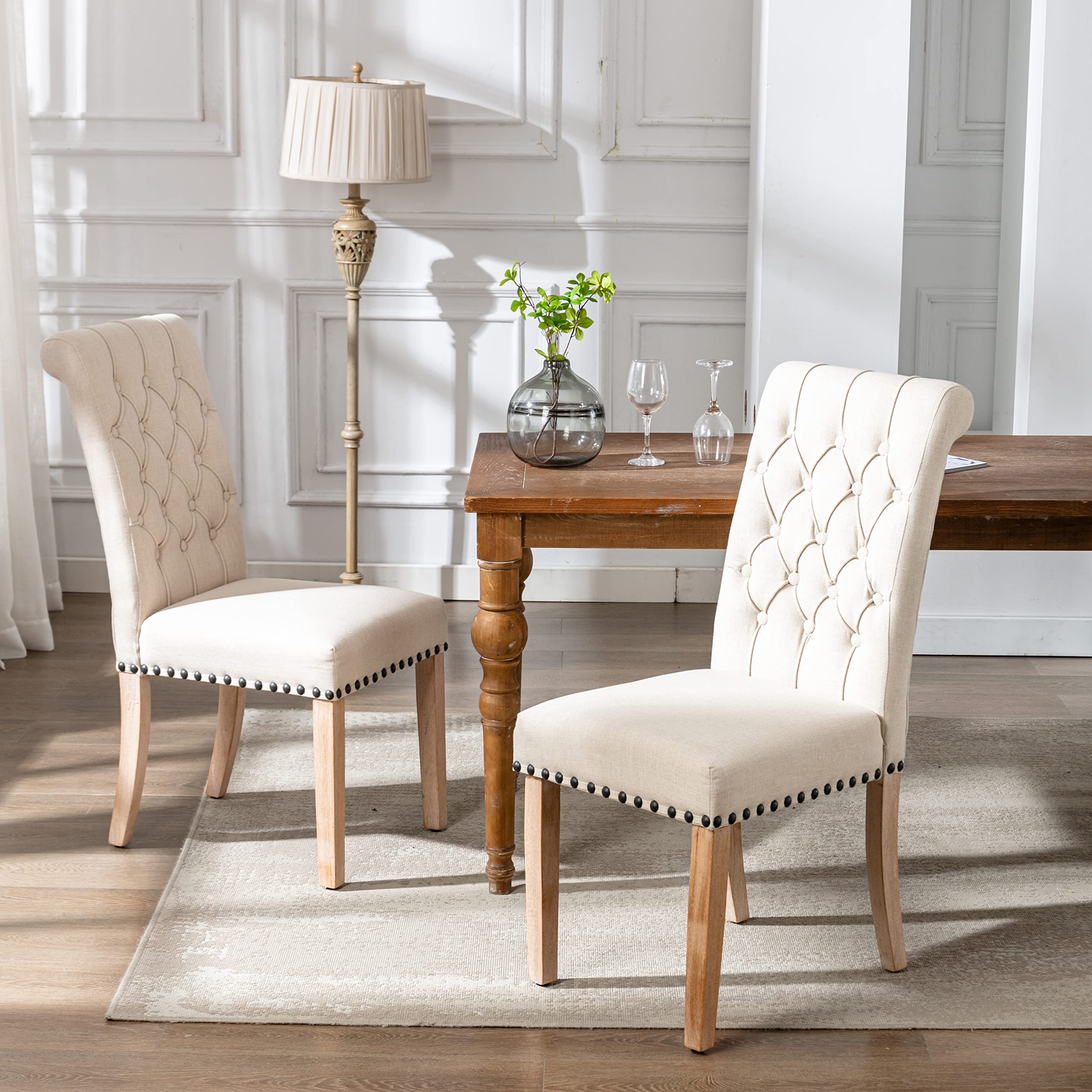 Premium Linen Dining Chairs Set of 2 - Thick Tufted Upholstery with Antique Brass Nail Trim - Elegant Beige Kitchen Chairs for Dining Room, Breakfast Nook & Farmhouse Decor