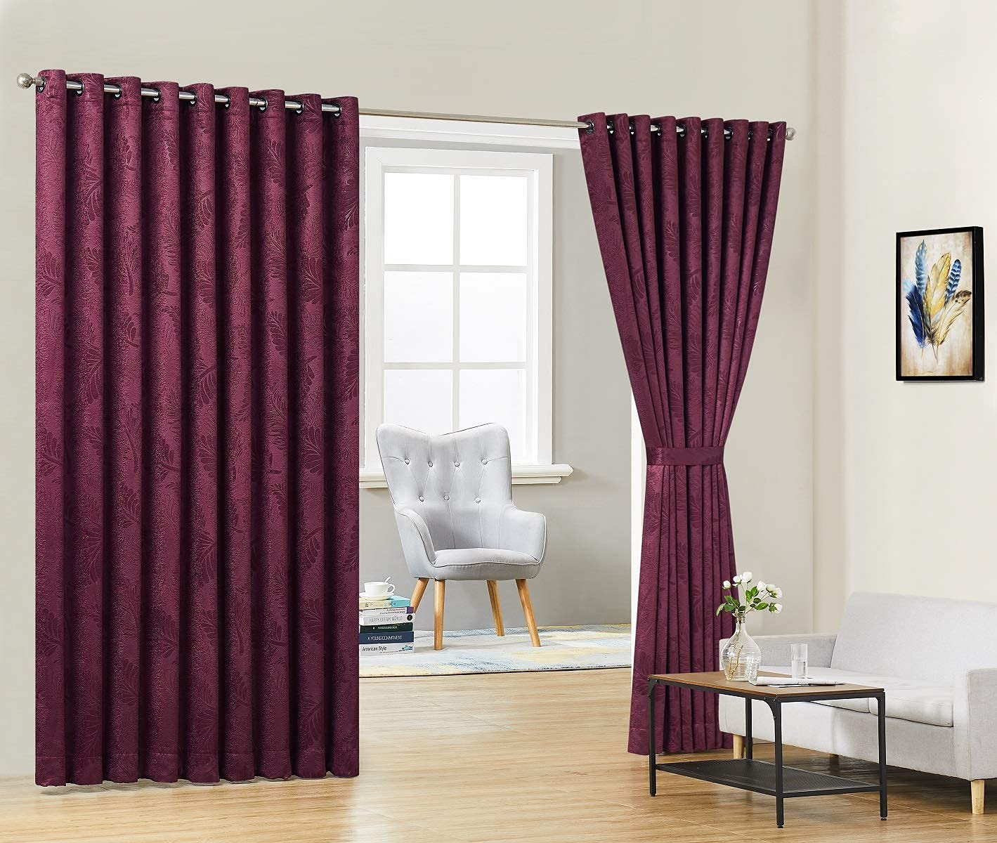 Pair of 2 Extra Wide 108x108 Inch Red Wine Room Divider Panels with 3D Leaf Embossing - Floor to Ceiling Curtains with Matching Tie-Backs for Living Room, Bedroom Partition & Home Decor
