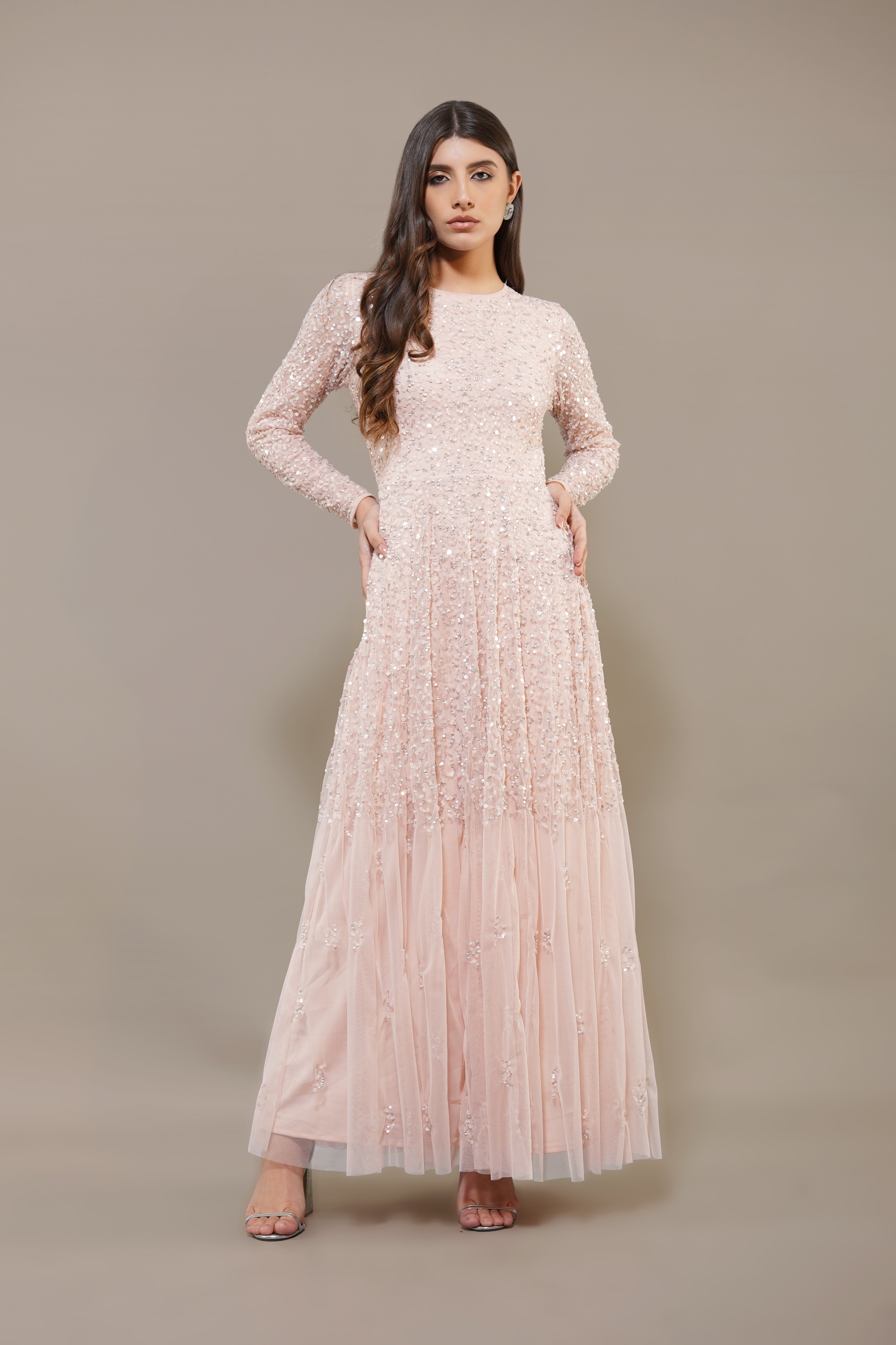 Sila Blush Pink Long Sleeve Embellished Maxi Dress for Women - Elegant Evening Gown for Weddings, Parties & Special Occasions