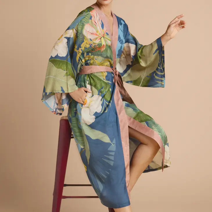 Indigo Delicate Tropics Kimono Gown - Elegant Floral Print Loose Fit Cover Up - Perfect for Beach Vacation, Pool Party & Summer Boho Outfit