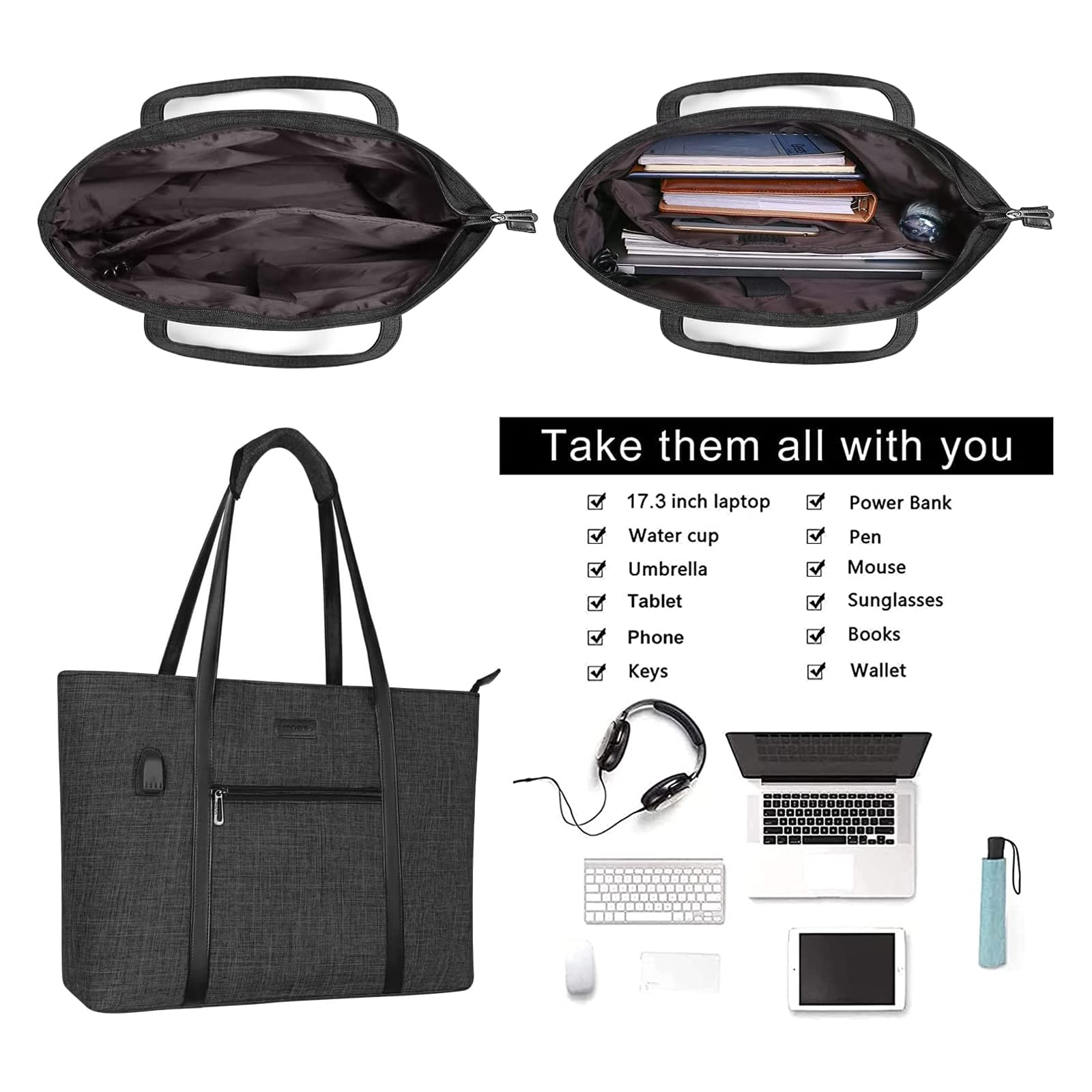 MOSISO 17-17.3 Inch Laptop Tote Bag for Women - USB Charging Port, Compatible with MacBook & Chromebook, Business Work Travel Computer Bag with Small Purse (Black) - Perfect for Office, Commuting & Business Trips
