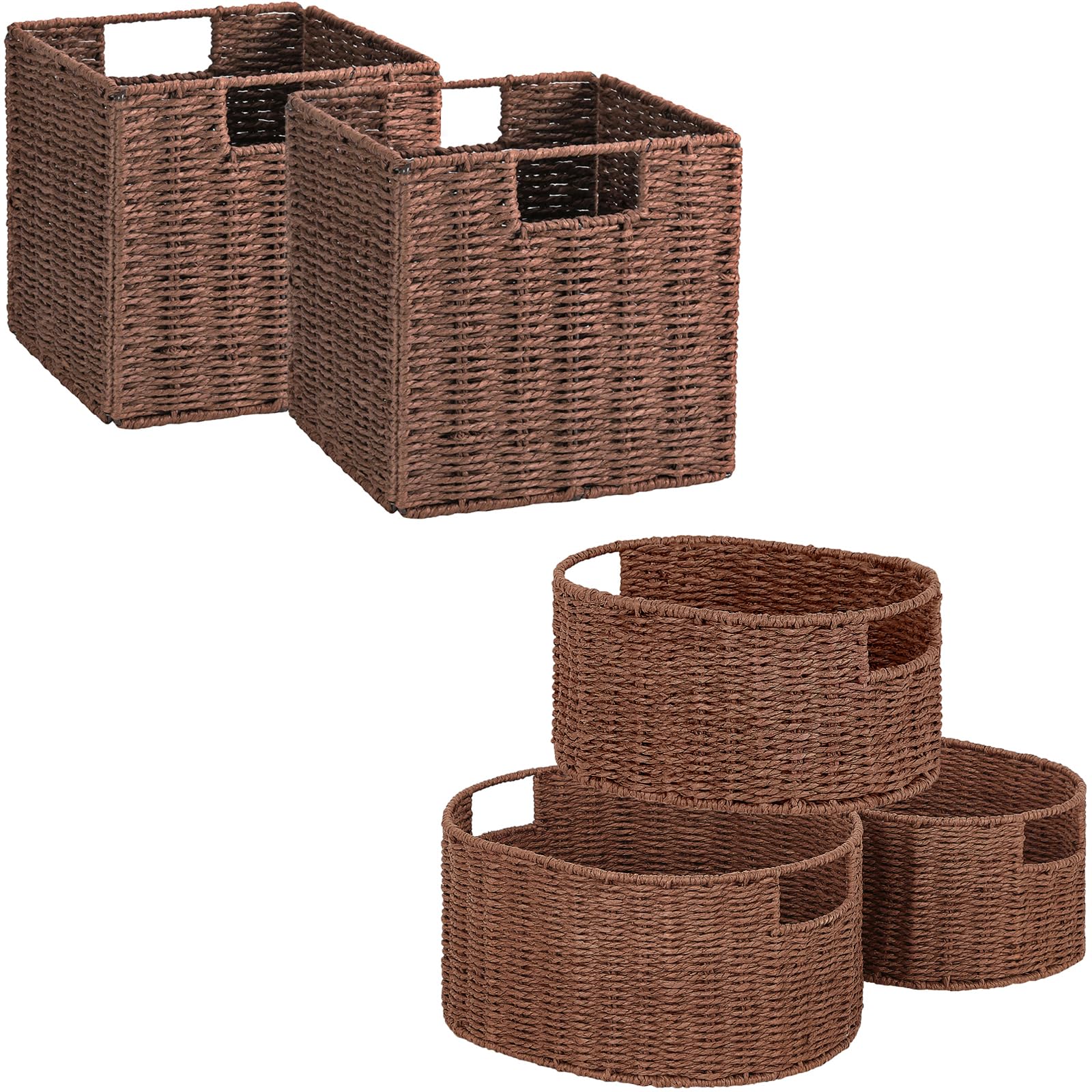 Vagusicc 5-Piece Hand-Woven Wicker Storage Basket Set with Handles - Natural Brown Cube Bins for Shelves, Pantry & Bedroom Organization | Perfect for Home Decor, Closet Storage & Laundry Room