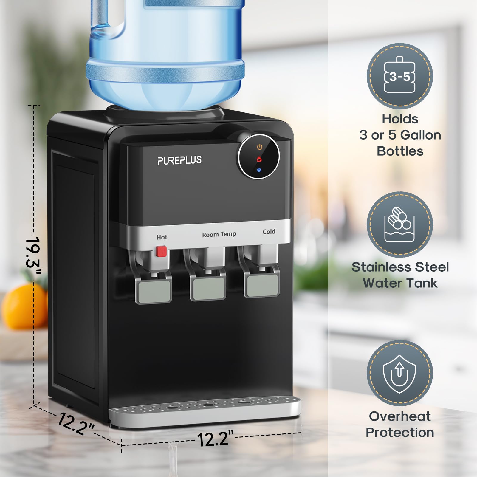 PUREPLUS Top Loading Water Cooler Dispenser with Hot & Cold Water - 3 Temperature Settings, Child Safety Lock for Home & Office - Countertop Water Fountain for 3/5 Gallon Bottles, Removable Drip Tray - Perfect for Kitchen, Break Room, Dorm & Office Hydration