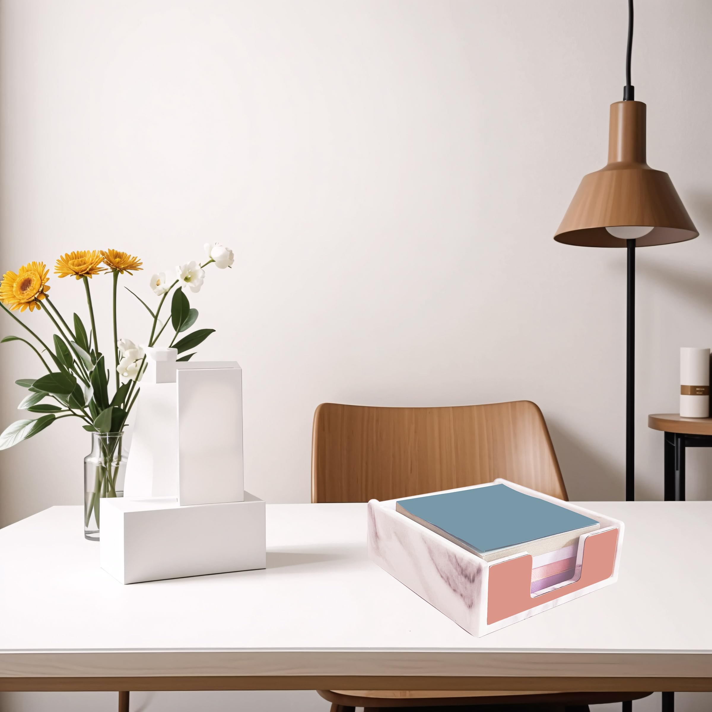 Marble White Sticky Notes Holder - 3x3 Memo Pad Organizer with Storage Tray for Office Desk | Perfect for Home Office, School & Work Organization