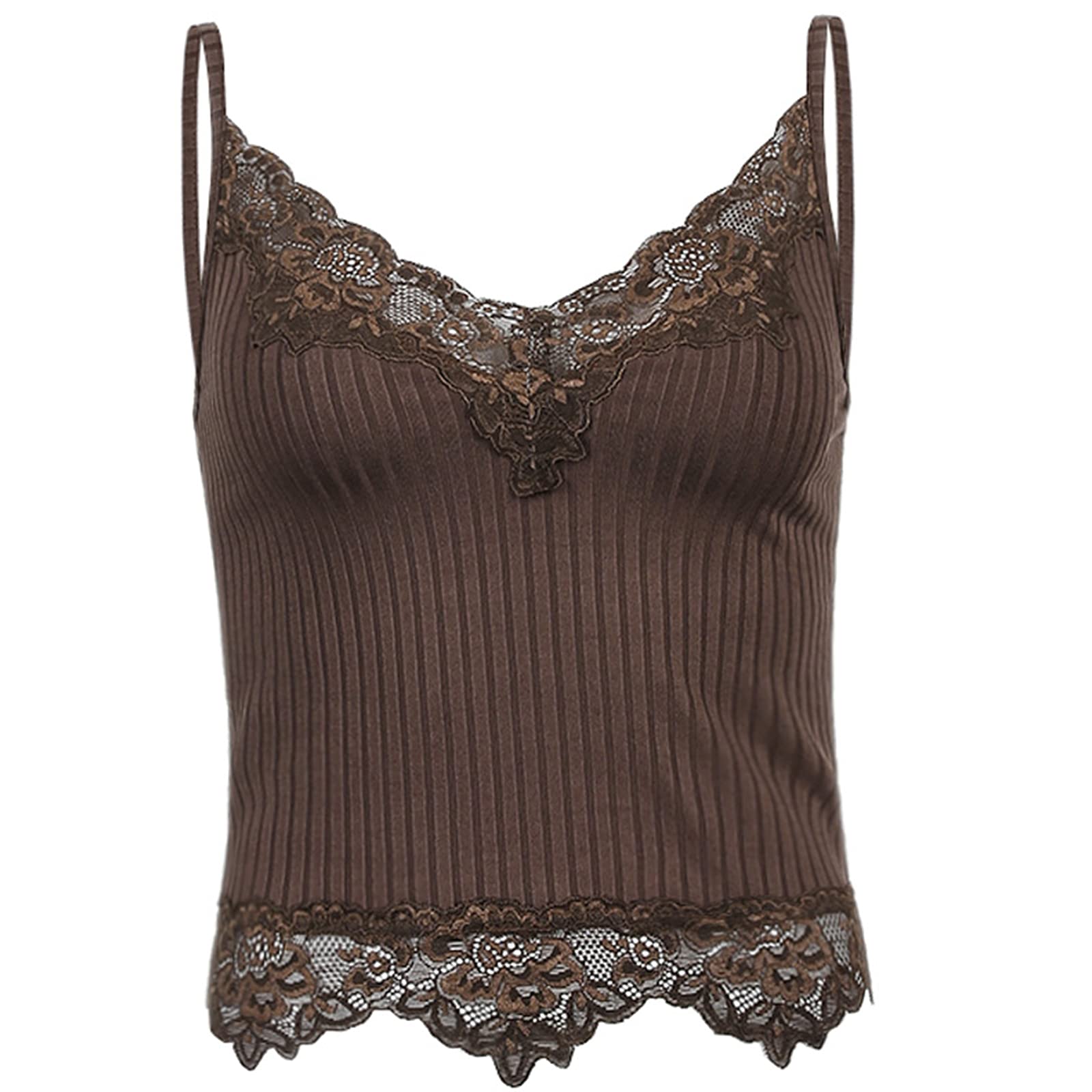 Women's Lace Patchwork Knit V-Neck Cami Tank Top - Breathable Summer Crop Tee for Casual Wear, Beach Outfits & Layering