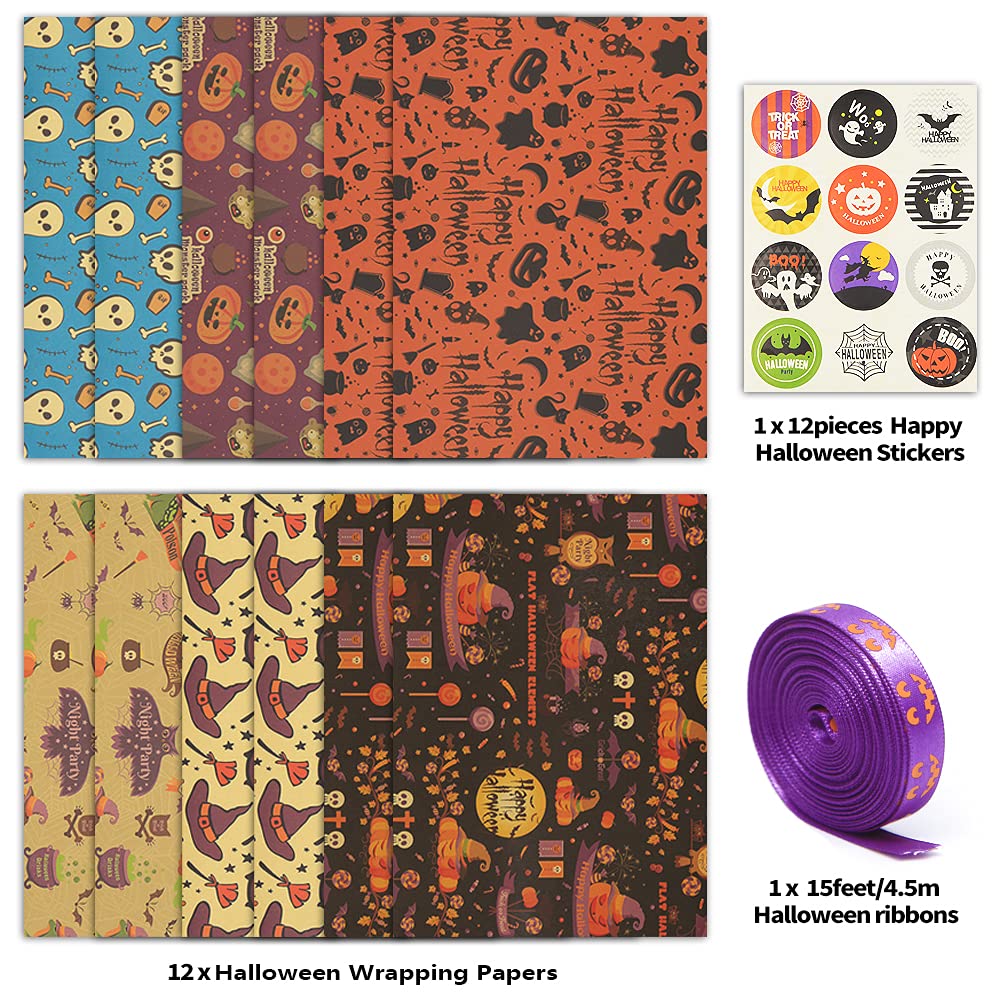 Halloween Gift Wrap Paper - 12 Sheets Eco-Friendly Recycled Kraft Wrapping Paper for Kids (20