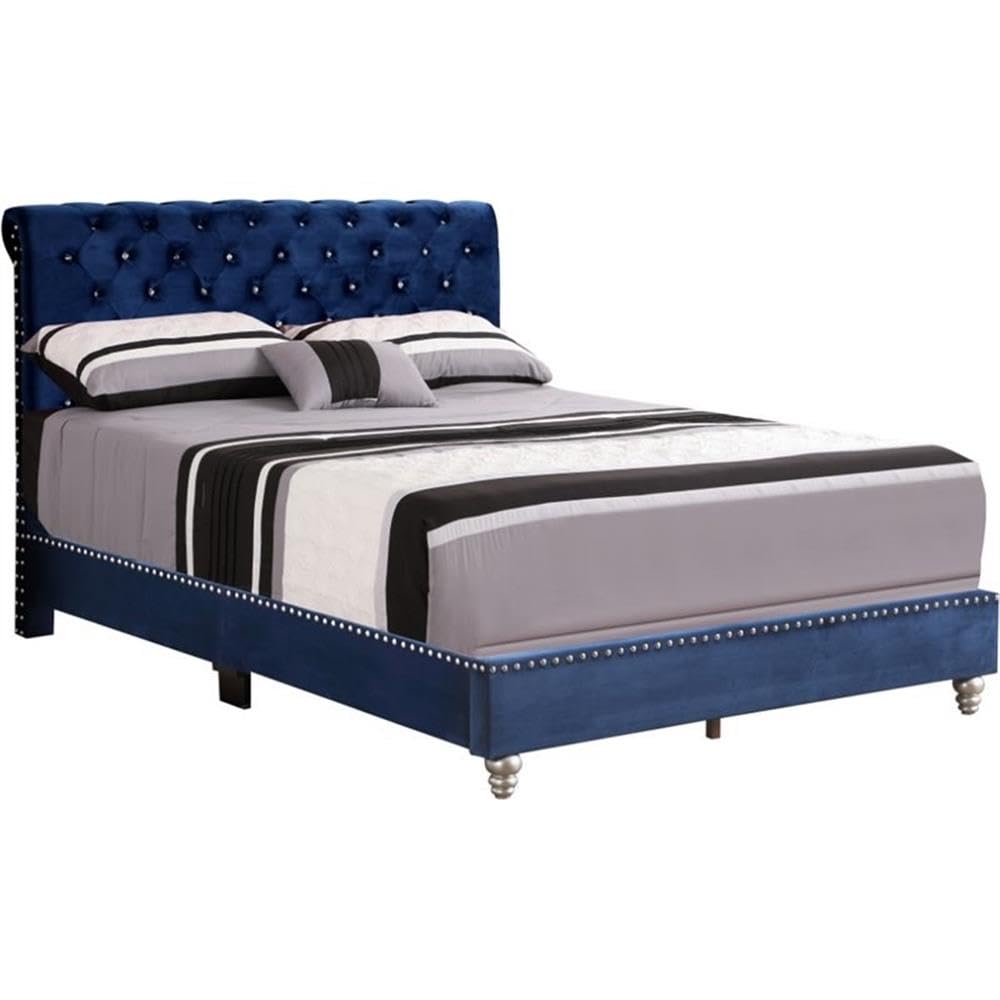 Glory Furniture Maxx Velvet Upholstered Full Size Bed Frame in Navy Blue - Luxurious Bedroom Furniture for Master Bedroom or Guest Room