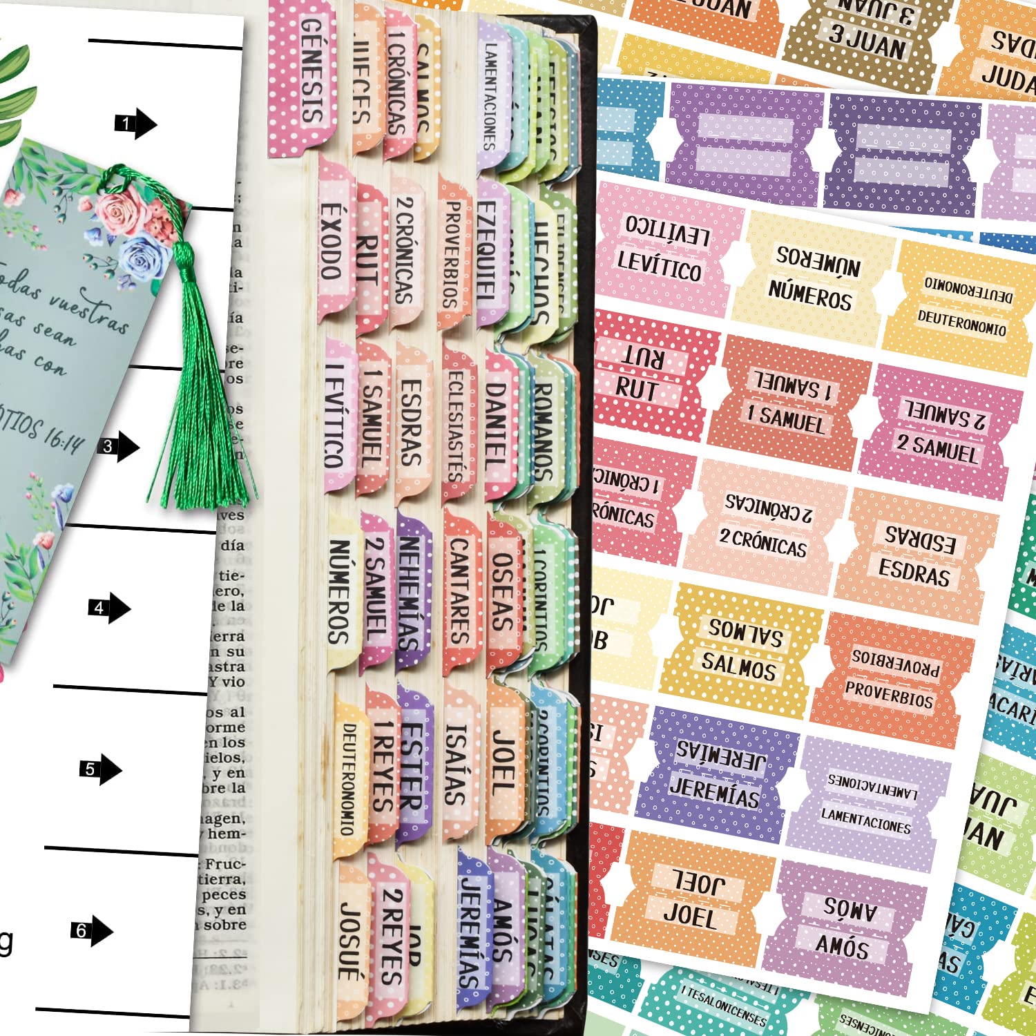 Spanish Catholic Bible Index Tabs Set - 122 Pcs Matte Laminated Floral & Polka Dot Design for Old & New Testament, Perfect for Bible Journaling, Study, and Gift Giving