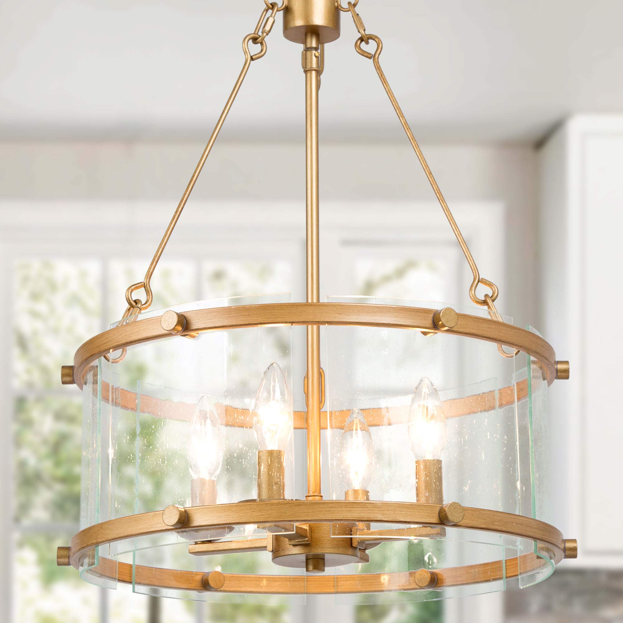4-Light Gold Drum Chandelier with Seeded Glass Shade - 16.5