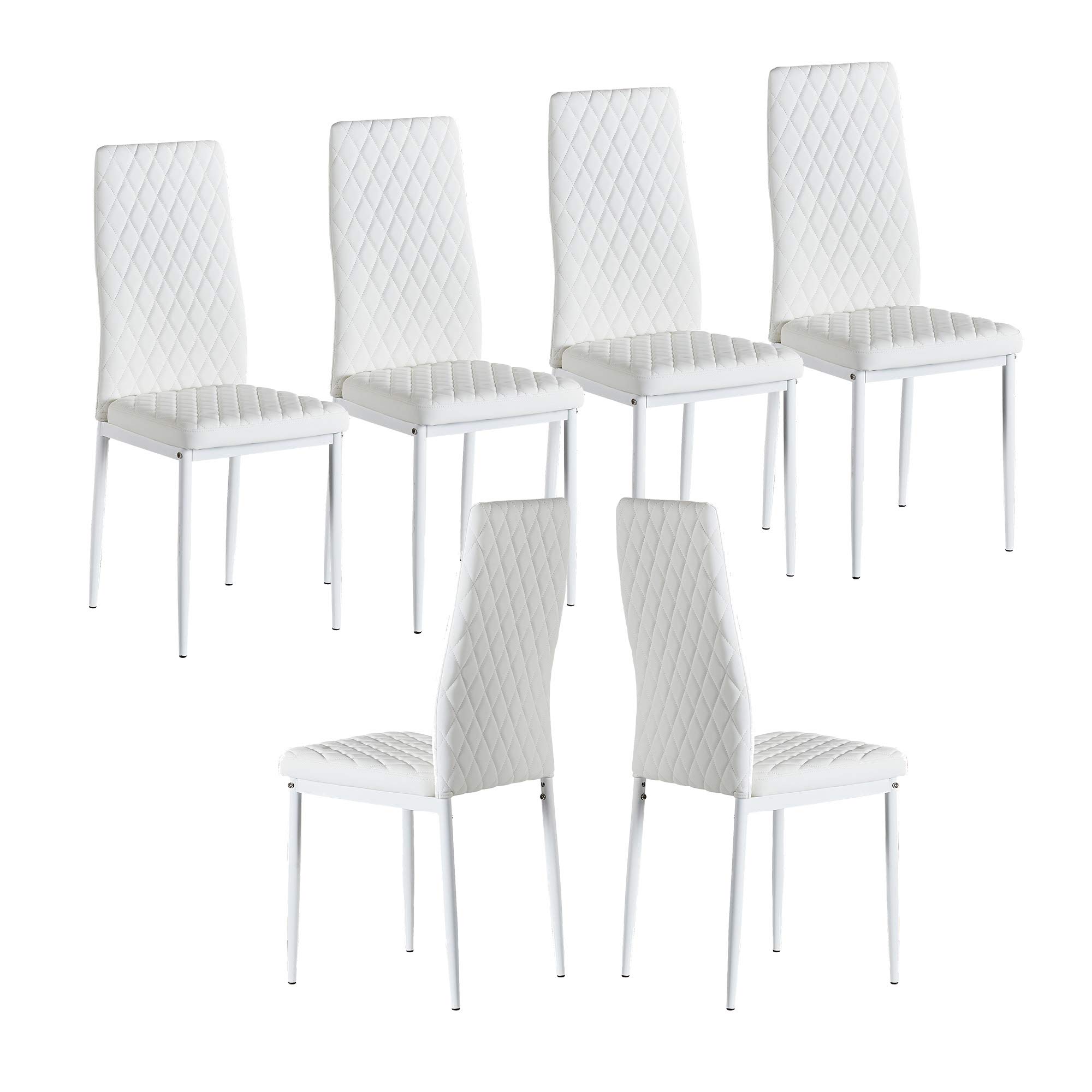 Modern High-Back PU Leather Dining Chairs Set - 6 Pack Comfortable Upholstered Seats with Metal Legs for Dining Room, Kitchen, Restaurant & Office - White Contemporary Furniture for Home & Commercial Use
