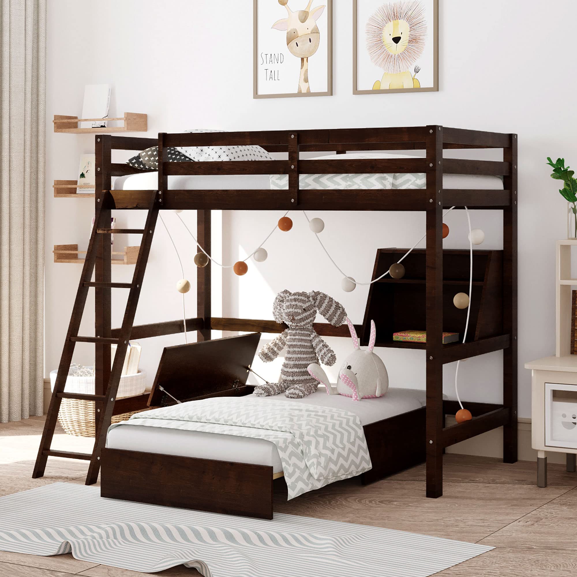 **Solid Wood Twin Loft Bed with Foldable Lower Bed – L-Shaped Bunk Bed with Storage Drawer, Shelf, Inclined Ladder & Full-Length Guardrail for Kids, Teens & Adults (Espresso) – Perfect for Small Rooms, Dorms & Shared Spaces**