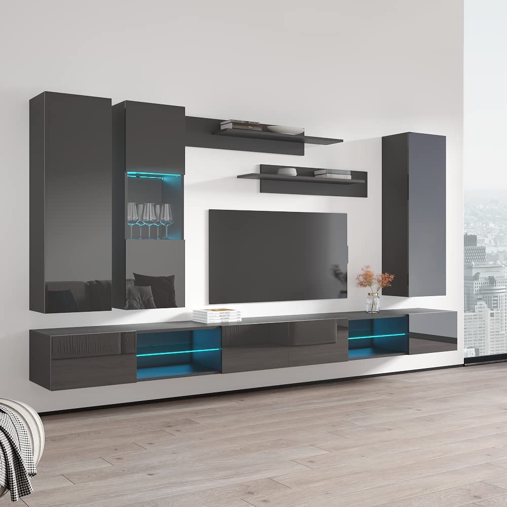 Modern Wall-Mounted TV Stand with Storage Shelves & LED Lights - Fly E 33 Entertainment Center Console for Living Room & Bedroom - Space-Saving Gray TV Cabinet (EF5 Model) - Perfect for Small Apartments & Home Theater Setups