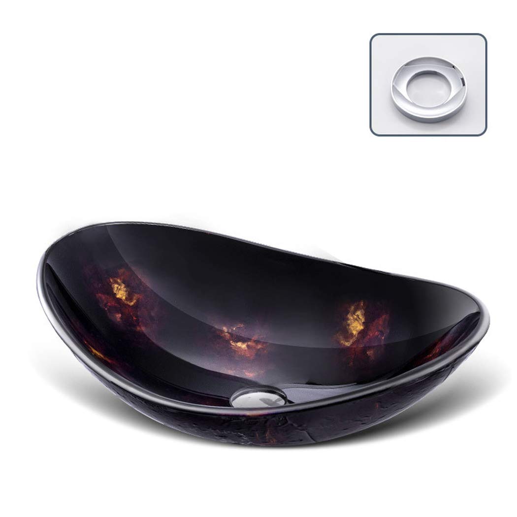 Black & Gold Tempered Glass Vessel Sink - Handmade Artistic Bathroom Basin with Mounting Ring for Home & Hotel Use | Modern Vanity Sink for Bathroom Remodel, Luxury Hotel Renovation & Spa Decor