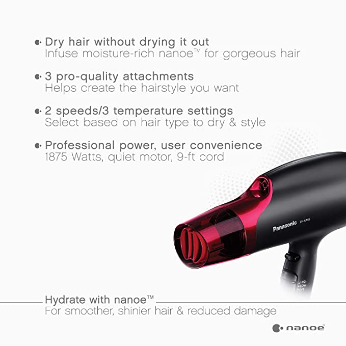 PANASONIC Nanoe EH-NA65K Professional Hair Dryer - Refurbished with Home Essentials Warranty | Fast Drying & Frizz Control for Salon-Quality Styling at Home