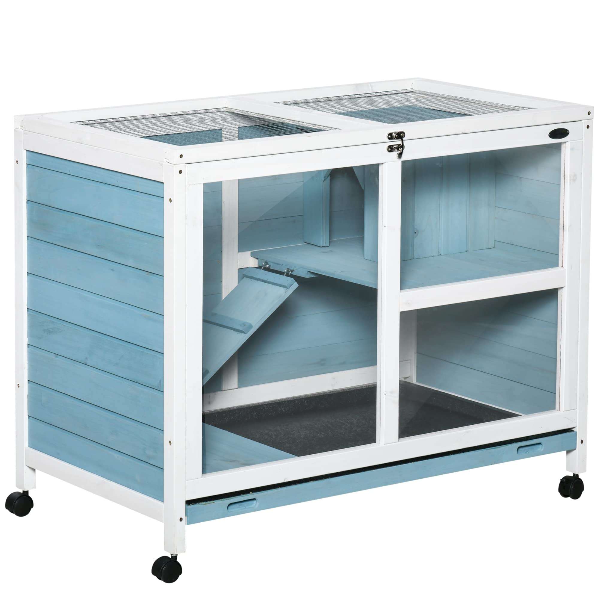 **PawHut Wooden Rabbit Hutch with Wheels - Waterproof Bunny Cage with Removable Tray, Openable Roof & Side Table - Indoor & Outdoor Small Pet House for Rabbits, Guinea Pigs - Light Blue (Perfect for Backyard, Patio, or Home Use)**
