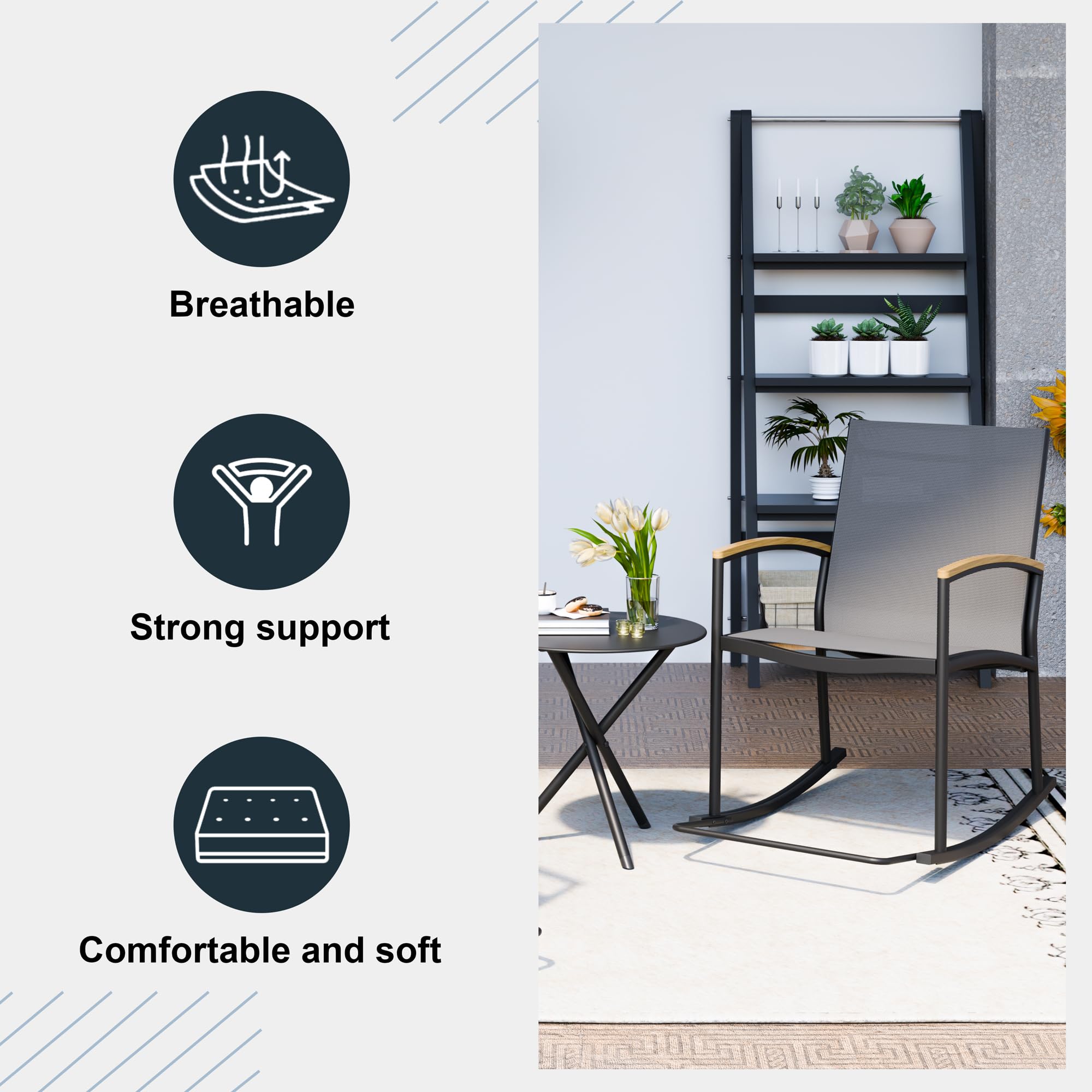 SUNLEI 3-Piece Outdoor Patio Bistro Set - Rattan Rocking Chairs & Black Coffee Table Conversation Set (Dark Grey) - Perfect for Garden, Balcony, and Backyard Relaxation