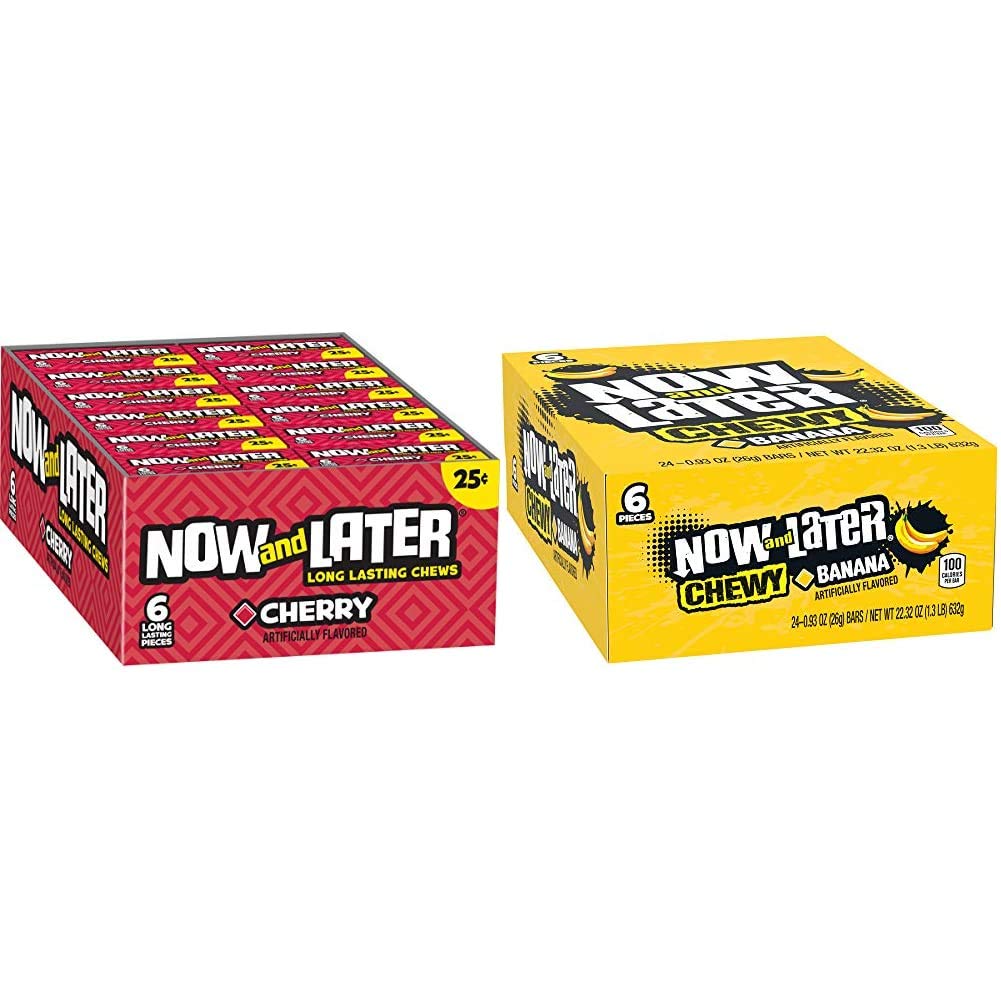 Now and Later Chewy Candy Bars - Cherry & Banana Flavored (24 Pack) | Bulk Assorted Fruit Candy for Parties, Halloween Treats & Office Snacks