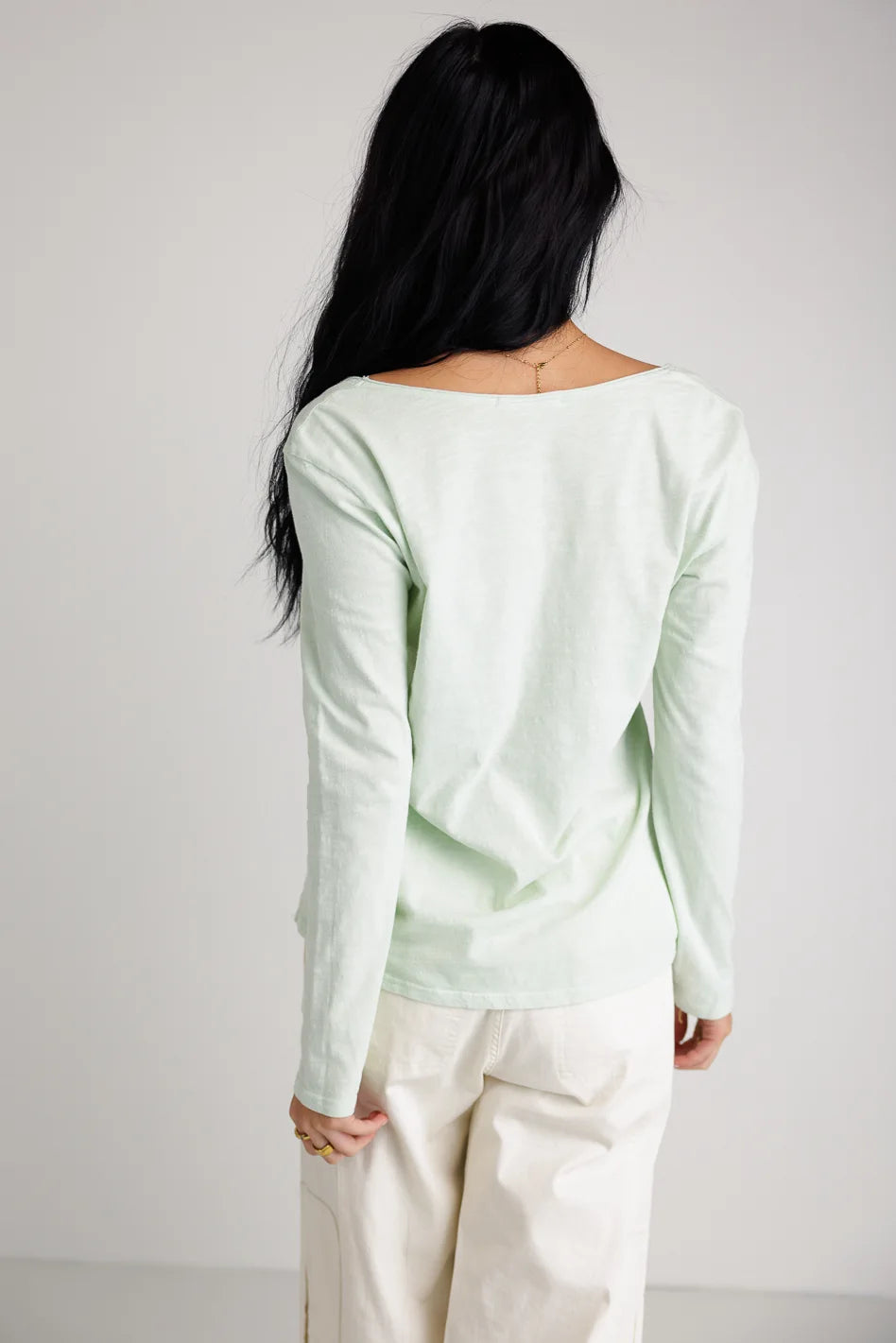 Long Sleeve V Neck T-Shirt in Mint Green - Soft Cotton Casual Top for Women | Perfect for Layering, Office Wear & Everyday Comfort