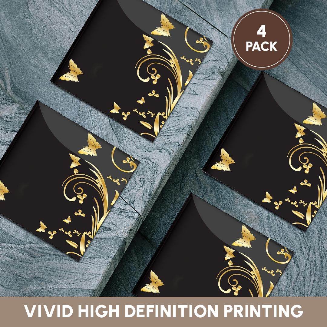 3D Rose Gold Butterflies & Flourishes Ceramic Tile Coasters Set of 4 - Elegant Two-Tone Charcoal Background - Perfect for Home Decor, Coffee Table & Gift Giving