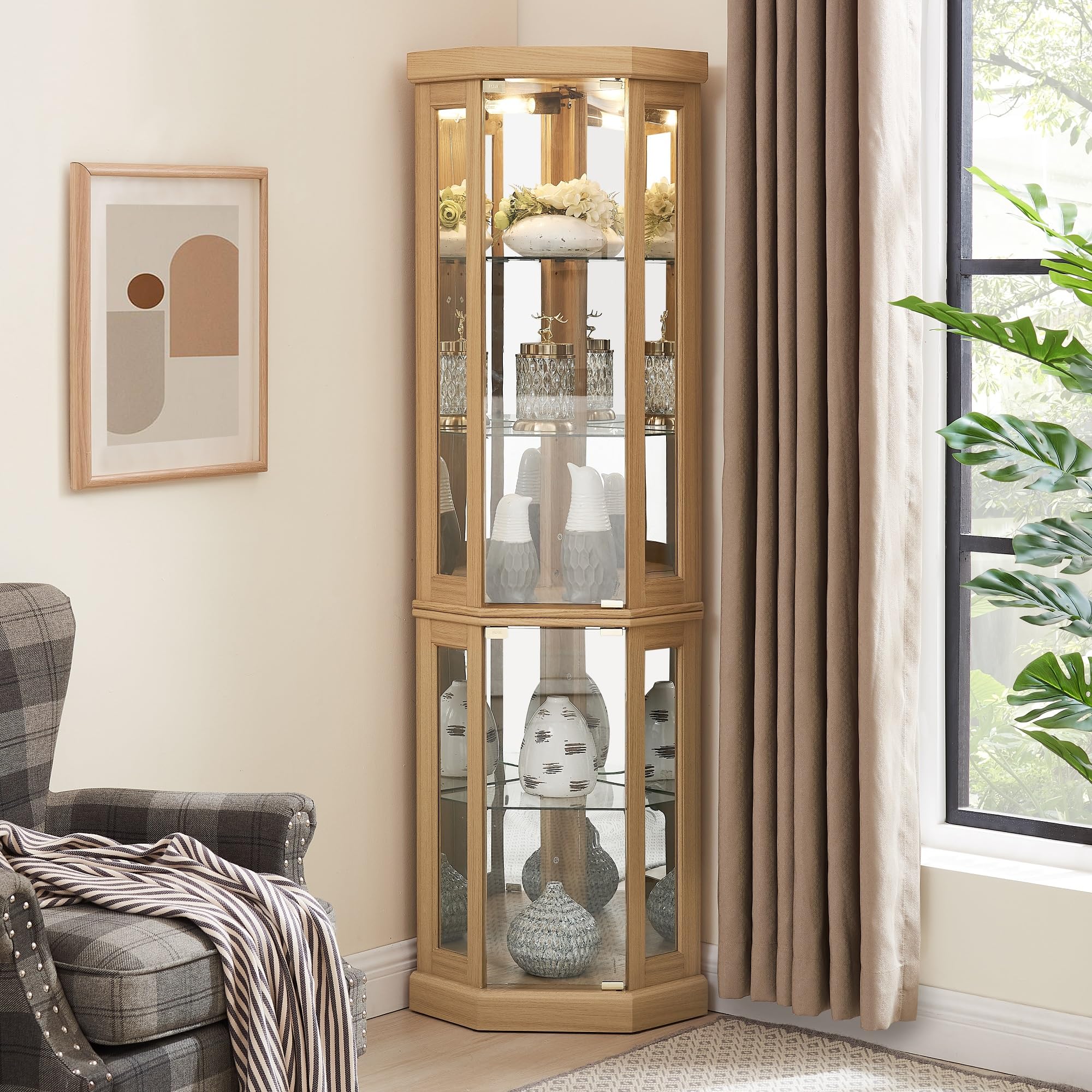 5-Tier Lighted Corner Curio Glass Display Cabinet with Adjustable Shelves & Mirrored Back - 69.84