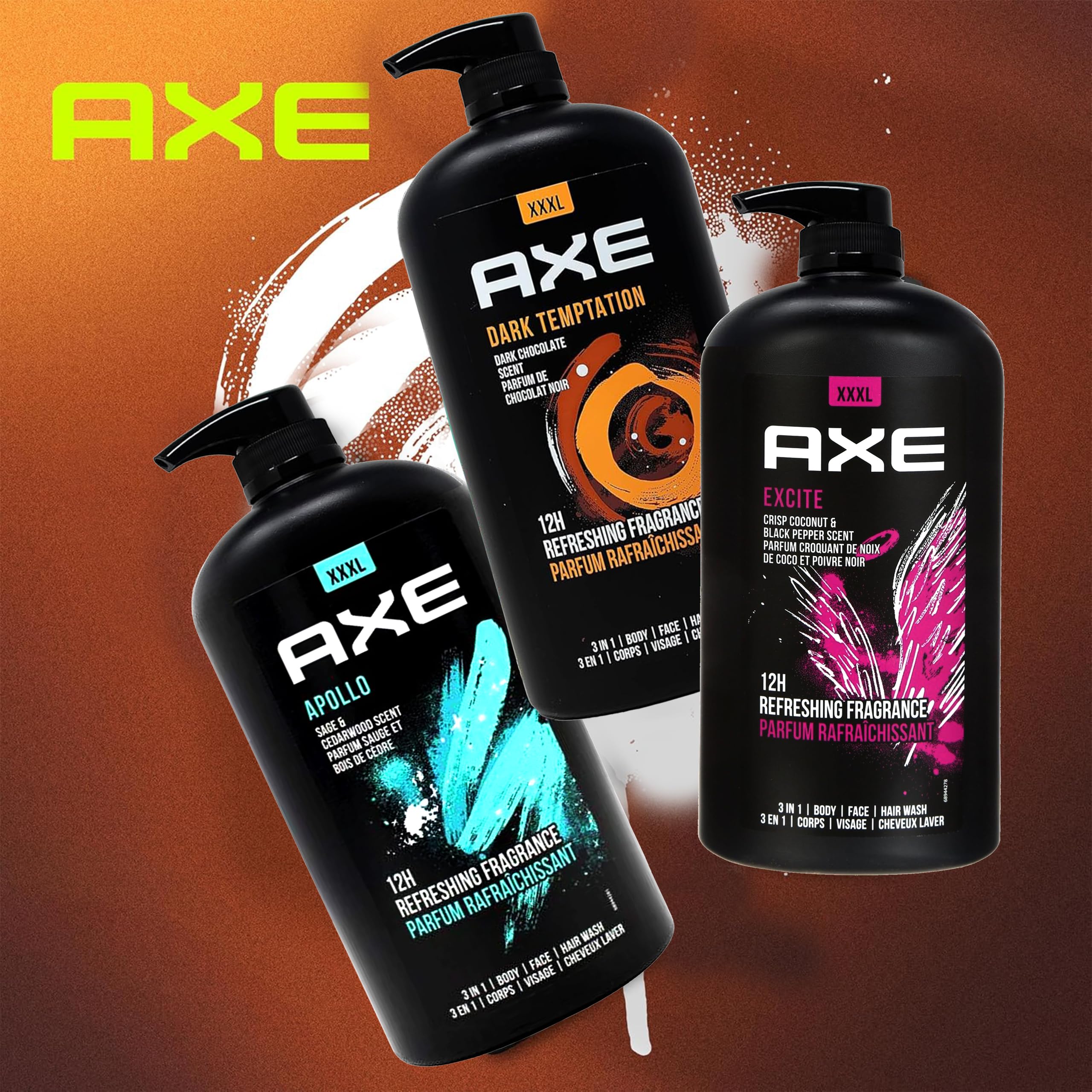 Axe Men's Body Wash Variety Set - 3 Scents (Dark Temptation, Apollo, Excite) | 3-in-1 Shower Gel for Body & Face | 33.8oz Pump Bottles Each | Refreshing Daily Shower for Men | Gym, Workout & Post-Sport Cleansing