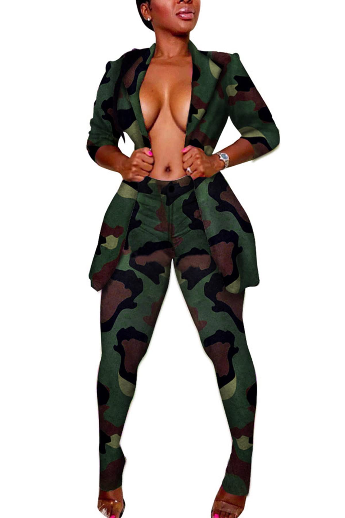Stylish Women's 2-Piece Outfit Set - Open Front Blazer Jacket & Thigh-High Stockings Leggings | Sexy Office Wear & Night Out Fashion