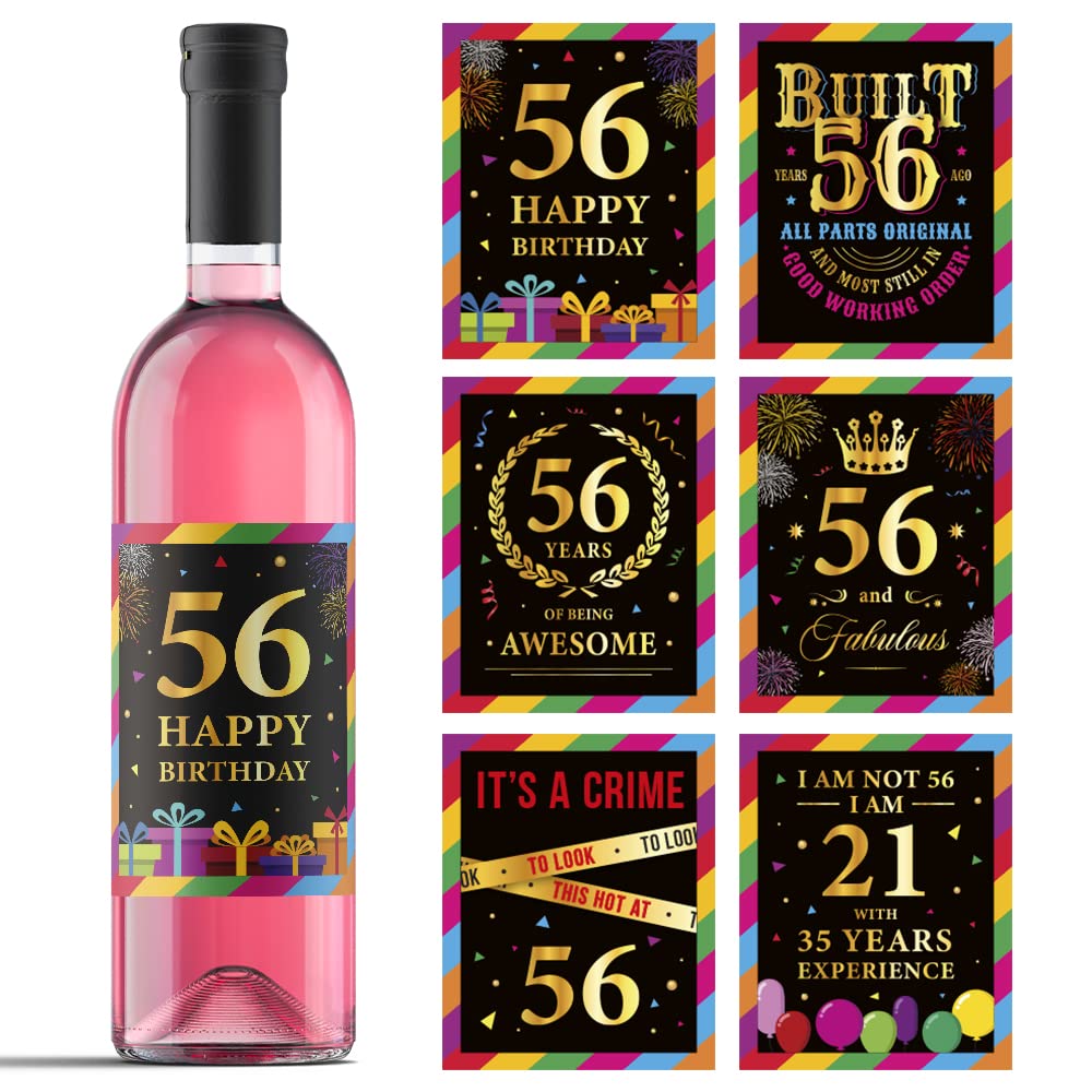 56th Birthday Wine Bottle Labels - Set of 6 Custom Wine Stickers for 56 Year Old Birthday Party Decorations, Gift Ideas & Anniversary Celebrations - Perfect for Wine Gifts, Milestone Birthdays & Special Occasions