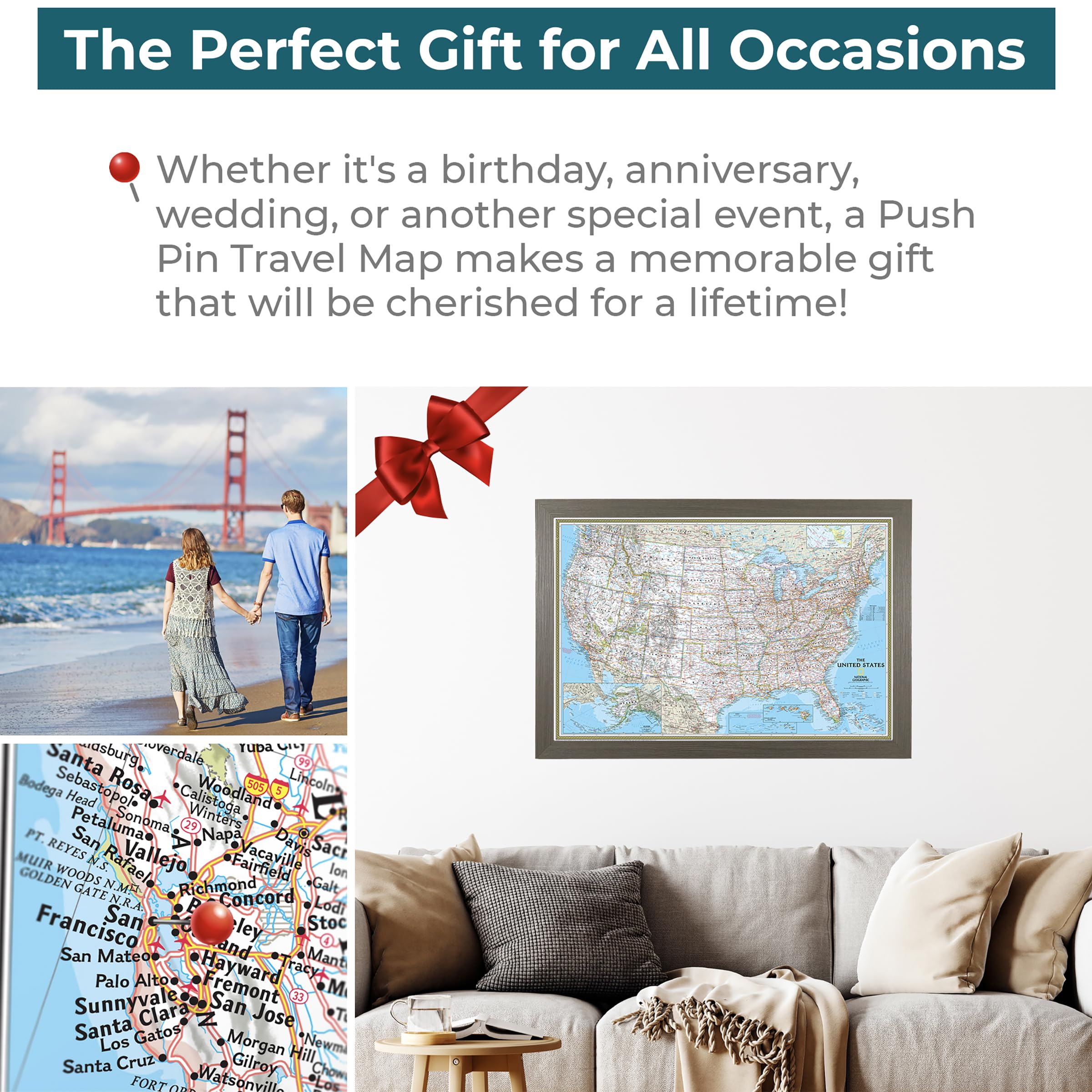 Push Pin Travel Map - Classic US Barnwood Gray Framed Pin Board for Tracking Adventures - 27.5