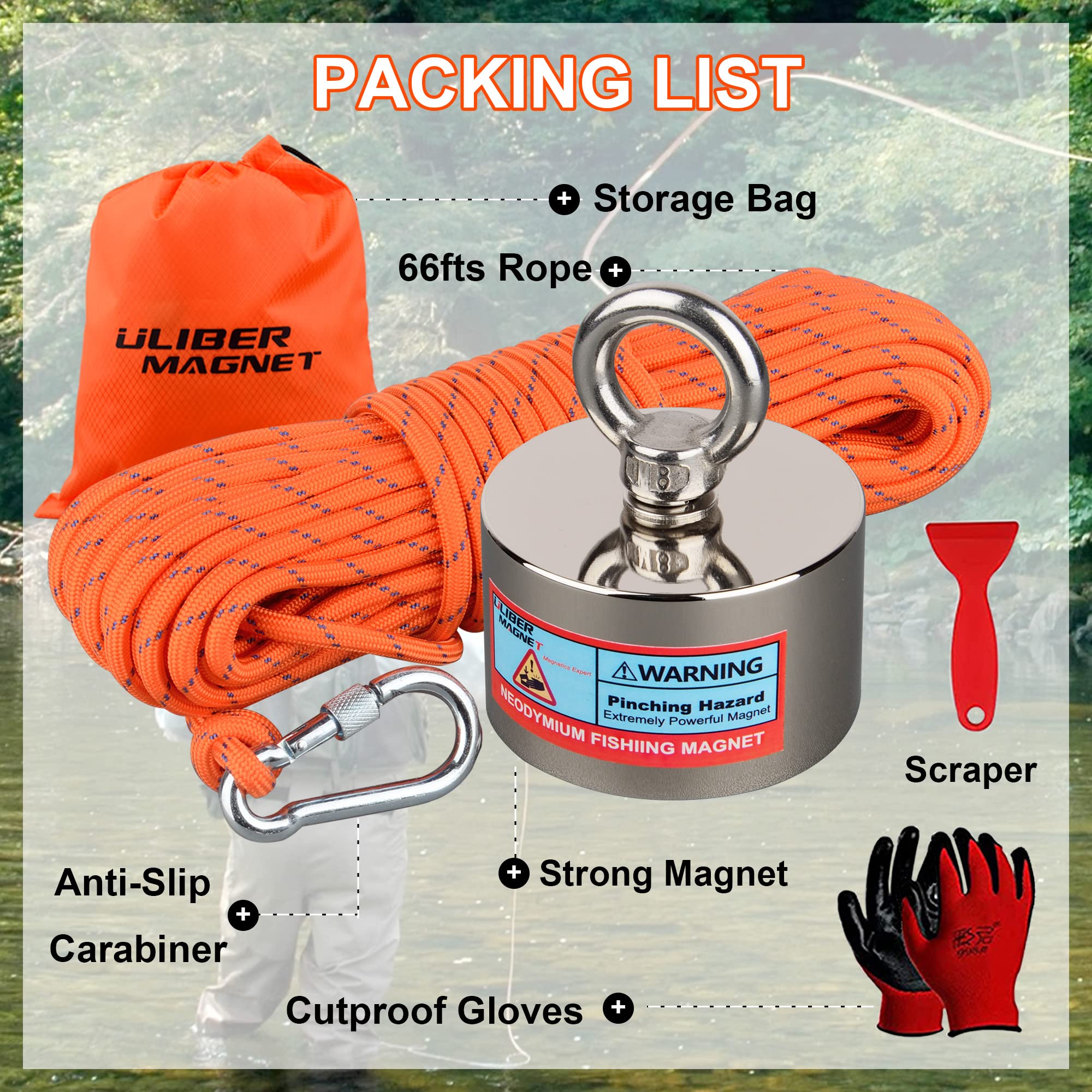 ULIBERMAGNET 1000lb Heavy Duty Neodymium Fishing Magnet Kit with 66ft Rope - Strong Retrieval Magnet for River Treasure Hunting, Underwater Salvage & Metal Recycling (Perfect for Magnet Fishing, Scuba Diving & Industrial Recovery)