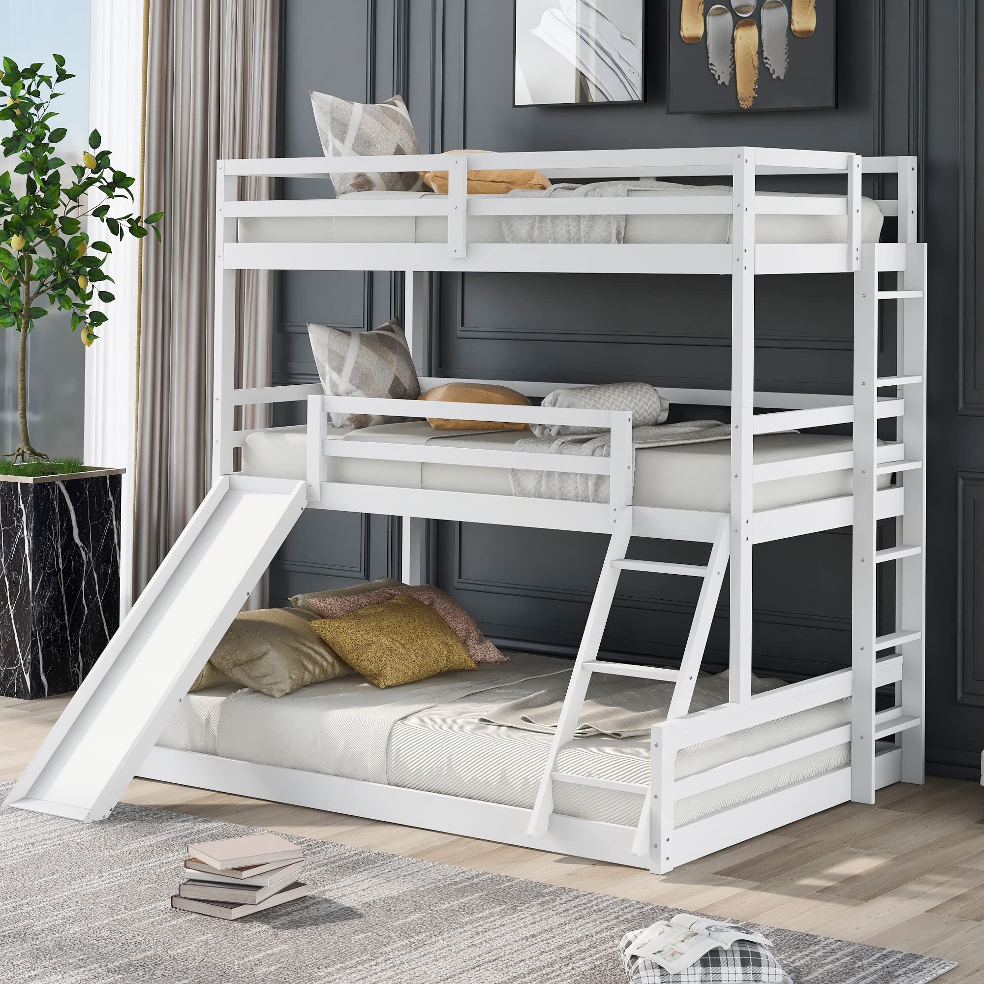Triple Bunk Bed with Slide - Solid Wood Twin Over Twin Over Full Bunk Bed Frame | Full-Length Safety Guardrails & Dual Built-in Ladders | Convertible to 3 Separate Beds | No Box Spring Required (White) - Perfect for Kids' Bedrooms, Vacation Homes & Space-Saving Family Rooms