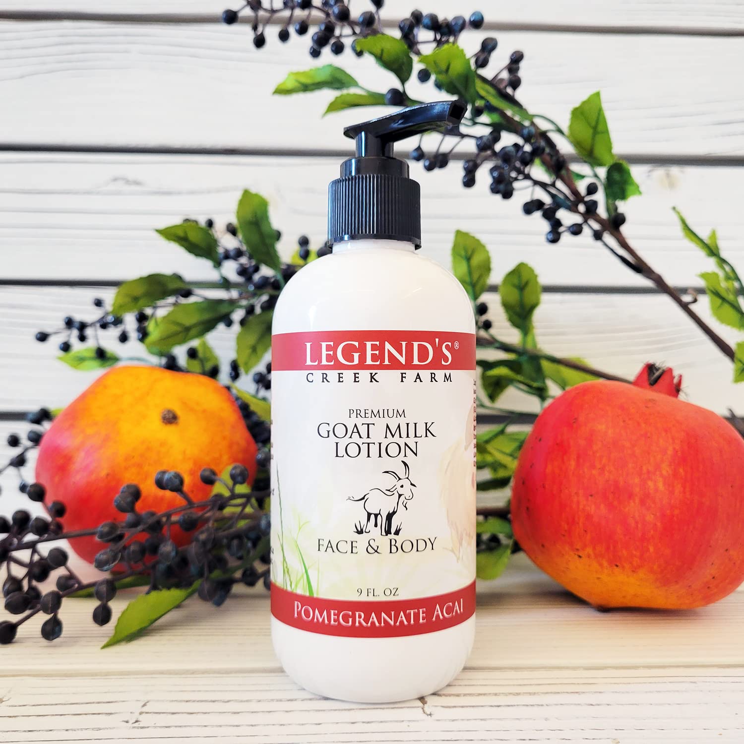Legend's Creek Farm Goat Milk Lotion - 9 oz Hydrating Body, Hand & Face Moisturizer with Shea Butter, Sunflower Oil & Aloe | Handmade in USA | Pomegranate Acai Scent | Perfect for Dry Skin Care, Daily Hydration & Gift Giving