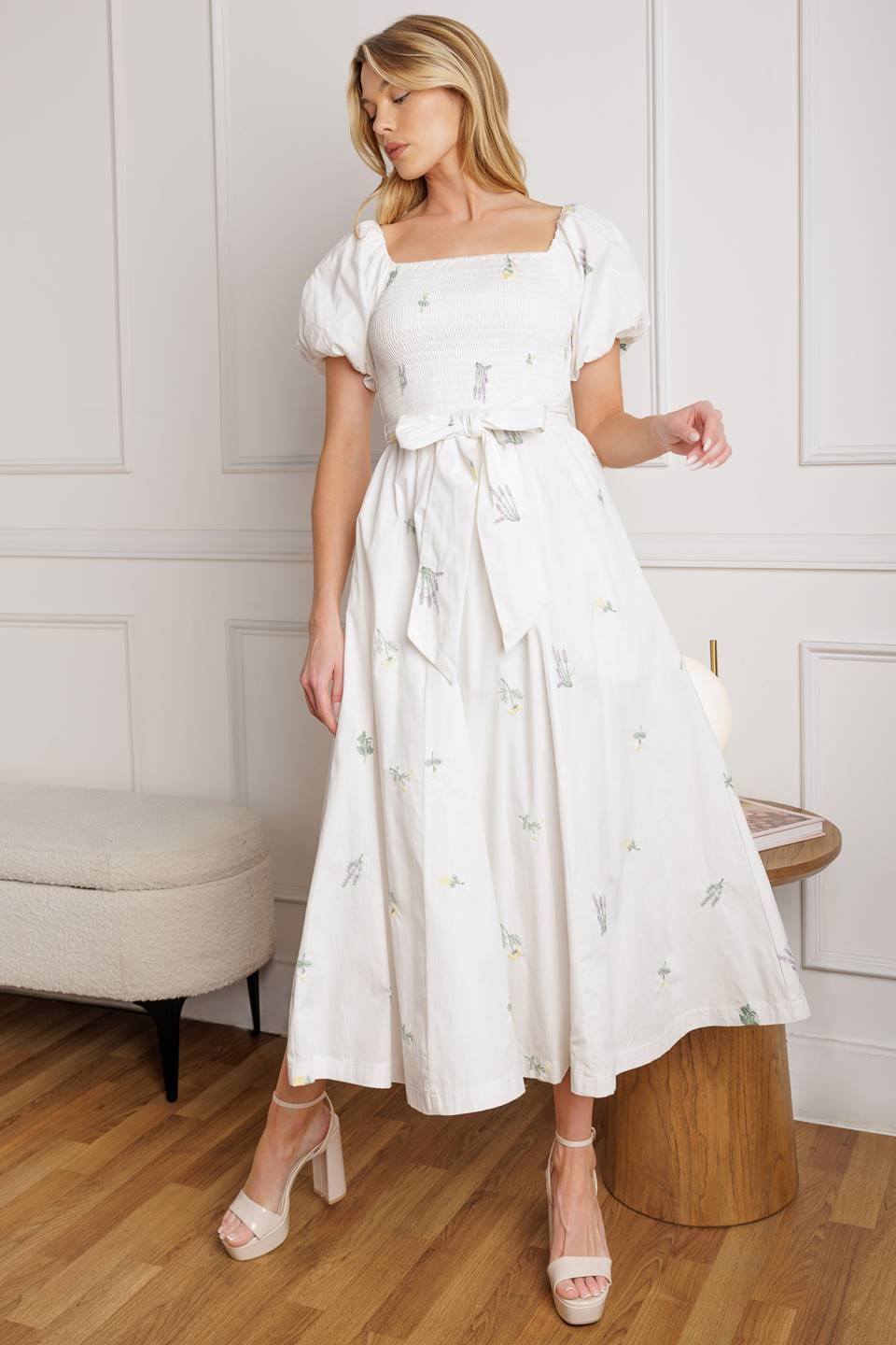 Elegant Petite Flowers Embroidered Midi Dress for Women | Floral Summer Dress for Casual Wear & Special Occasions