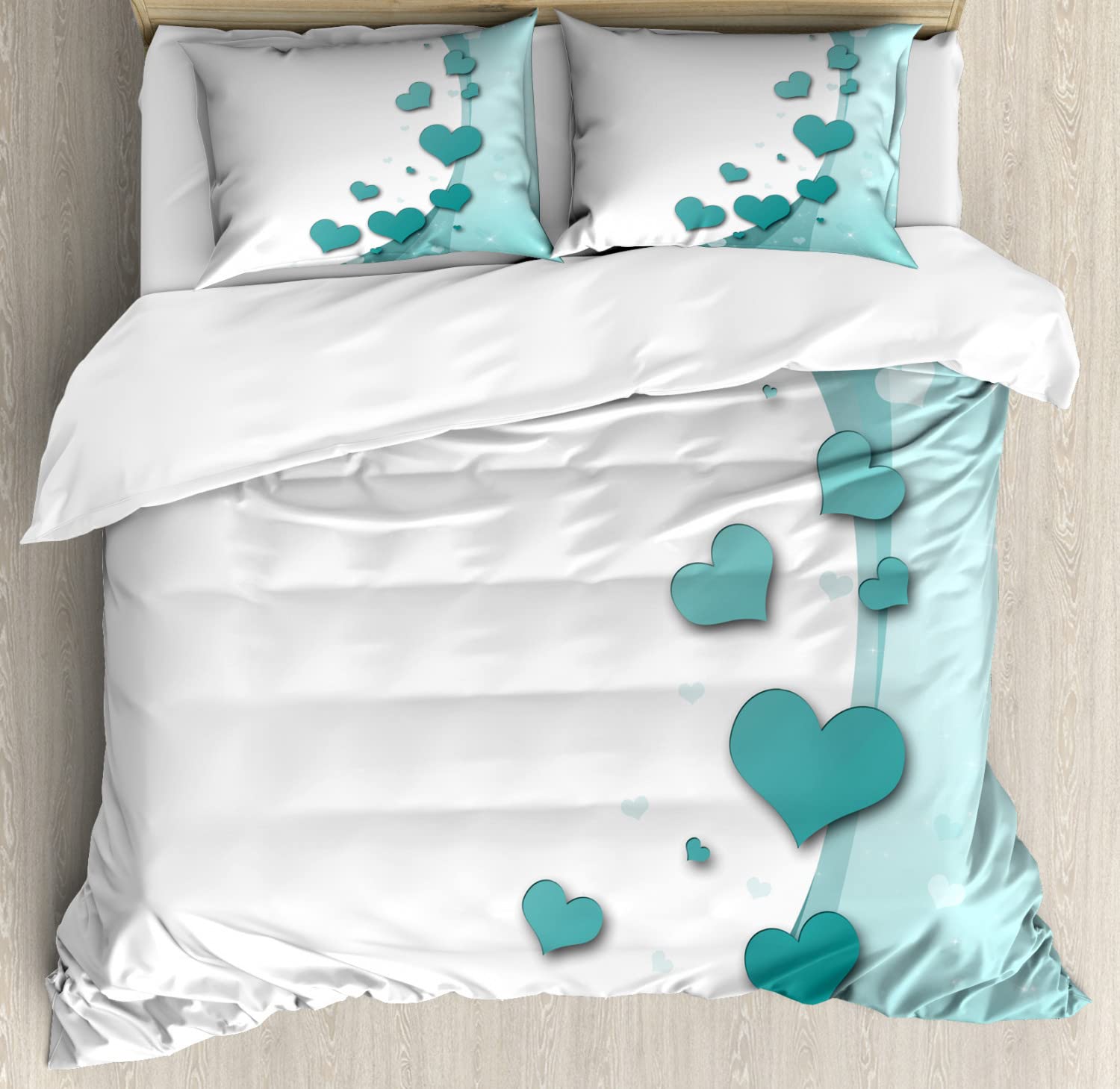 Ambesonne Turquoise Duvet Cover Set - Romantic Valentine's Day Design with Hearts & Stars for Wedding & Couples, Queen Size 2-Piece Bedding Set (2 Duvet Covers + 4 Pillowcases) in Turquoise White & Teal - Perfect for Master Bedroom, Guest Room & Anniversary Gifts