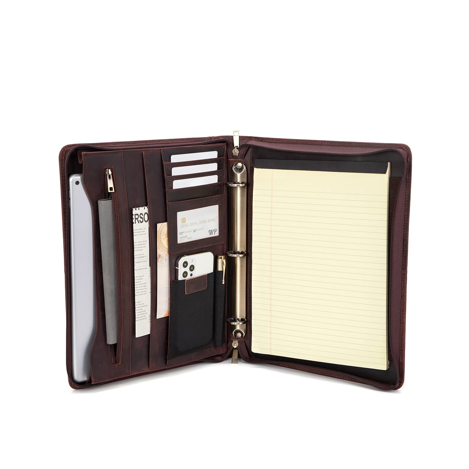 Premium Full Grain Leather Portfolio with 3-Ring Binder | Zippered A4 Notebook Holder & Laptop Sleeve | Professional Organizer for Business Meetings, Office Work & Corporate Gifts (Dark Brown) - Perfect for Executives, Students & Professionals