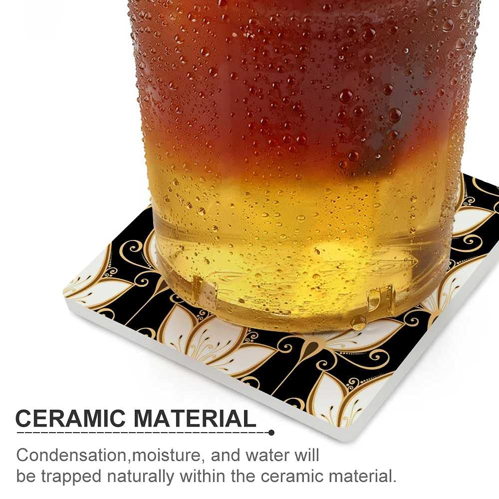 Square Ceramic Coasters Set of 4 - Non-Slip Cork Backing, Scratch-Resistant Drink Coasters for Coffee, Wine & Beverages - Elegant Floral Design Home Decor for Coffee Tables, Office Desk & Housewarming Gifts