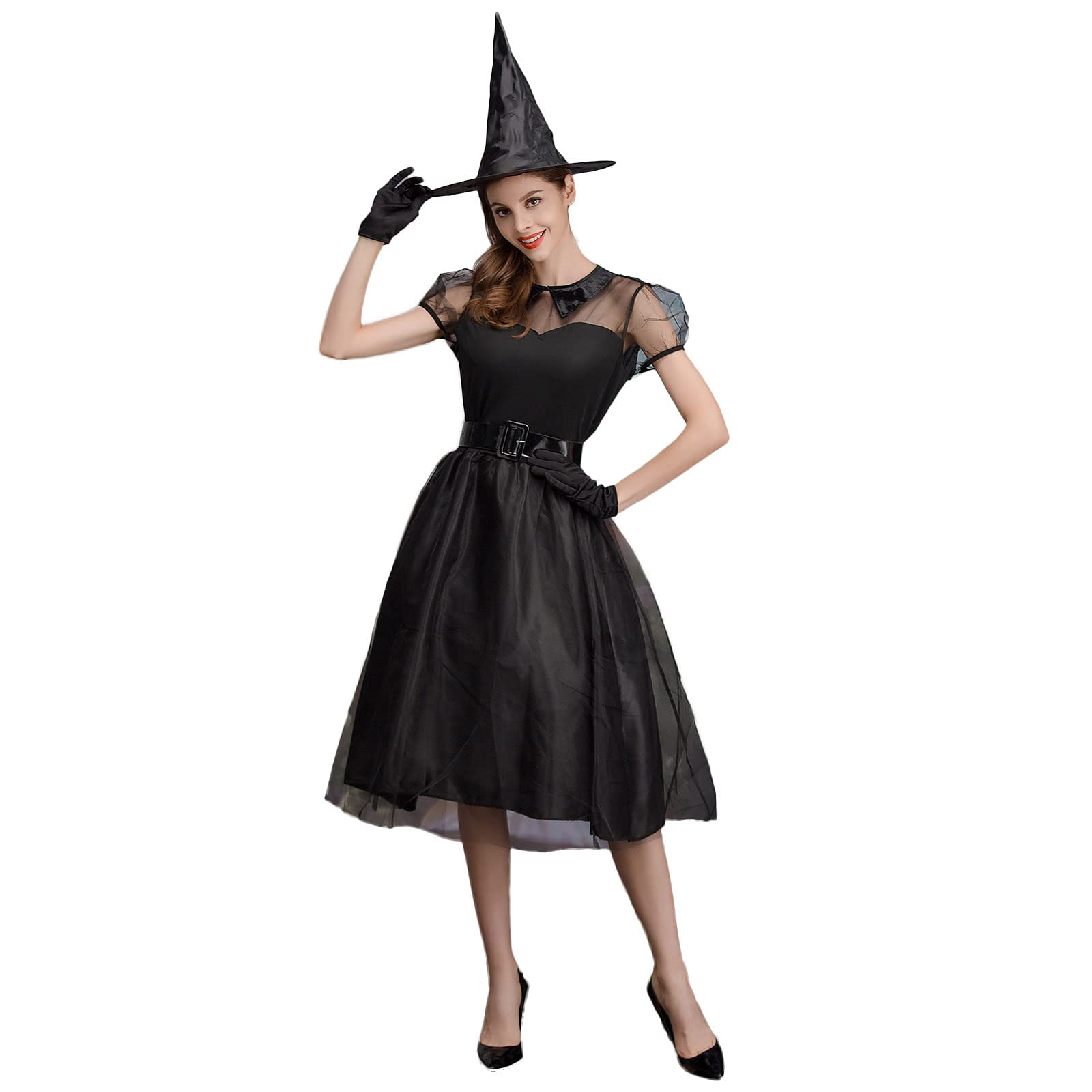 KCocoo Women's Black Witch Costume Dress - Gothic Short Sleeve Halloween Cosplay Outfit for Petite Women | Perfect for Halloween Parties, Cosplay Events & Gothic Fashion