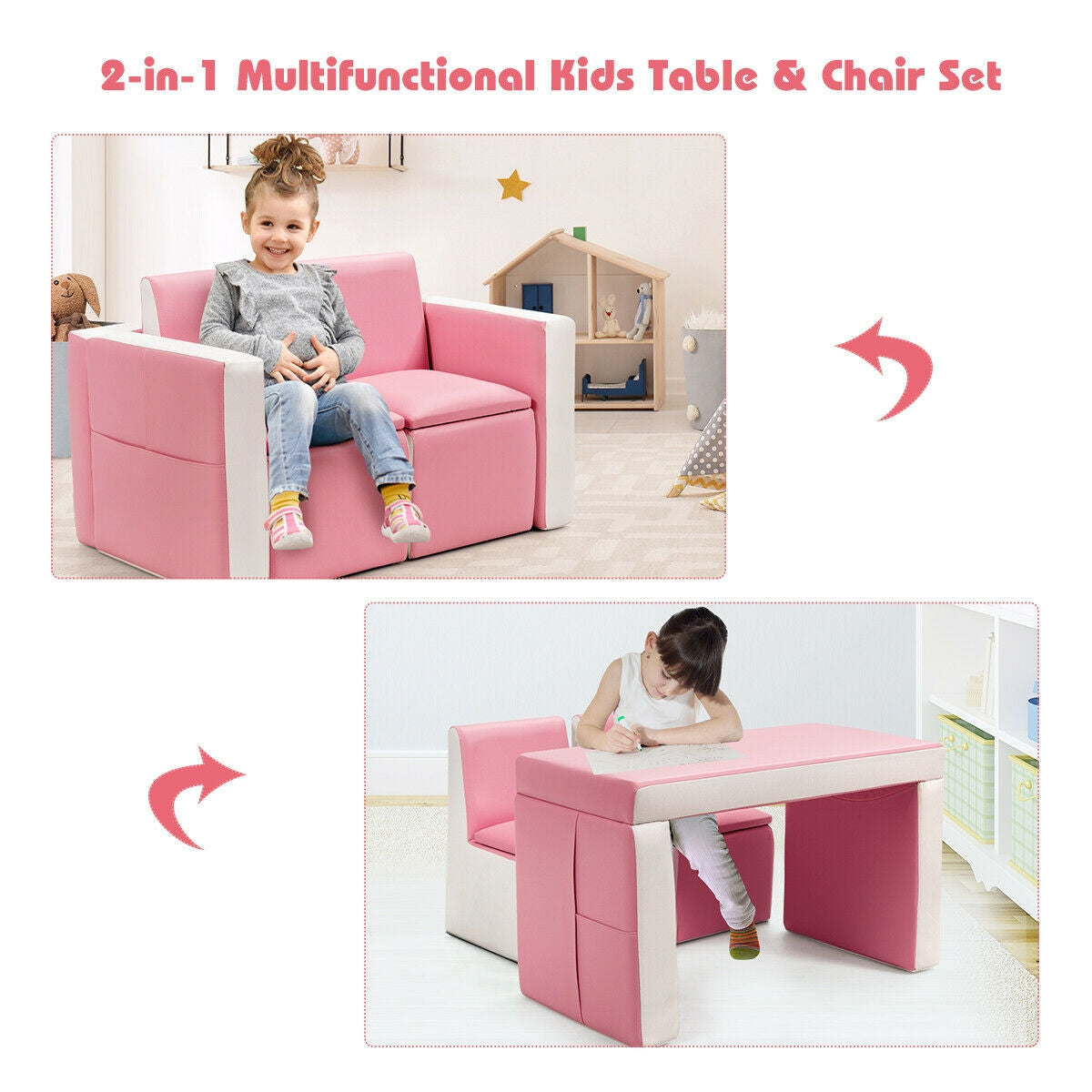 Multi-Functional Kids Sofa Table Chair Set - Pink Convertible Play Furniture for Toddlers & Children - Perfect for Playroom, Bedroom, or Living Room