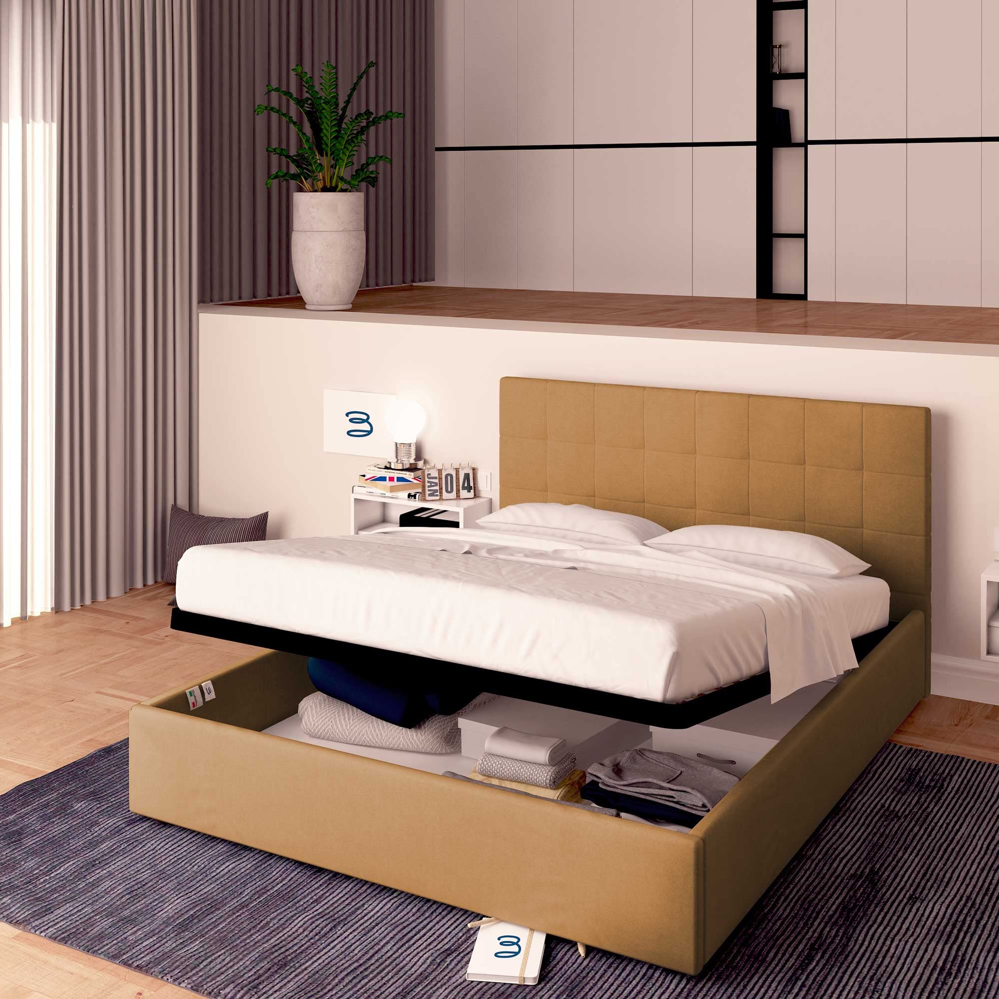 Baldiflex Single Bed with Storage, Dublin Model, Synthetic Leather Upholstery, Slatted Base for Single Mattress, 160 x 190 cm, Elegant Headboard, Light Brown - Perfect for Small Bedrooms, Guest Rooms & Studio Apartments