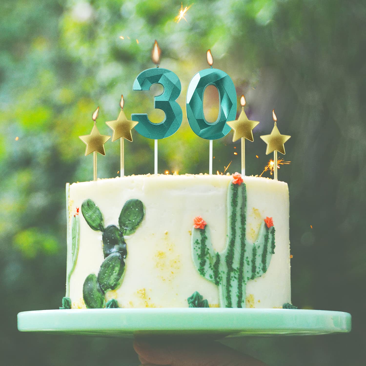 Green Number 4 & Star Birthday Candles - 2.76 Inch 3D Diamond Shaped Cake Candles for Birthday Parties, Anniversary Decorations | Perfect for Cake Toppers, Cupcake Decor, and Special Celebration Cakes