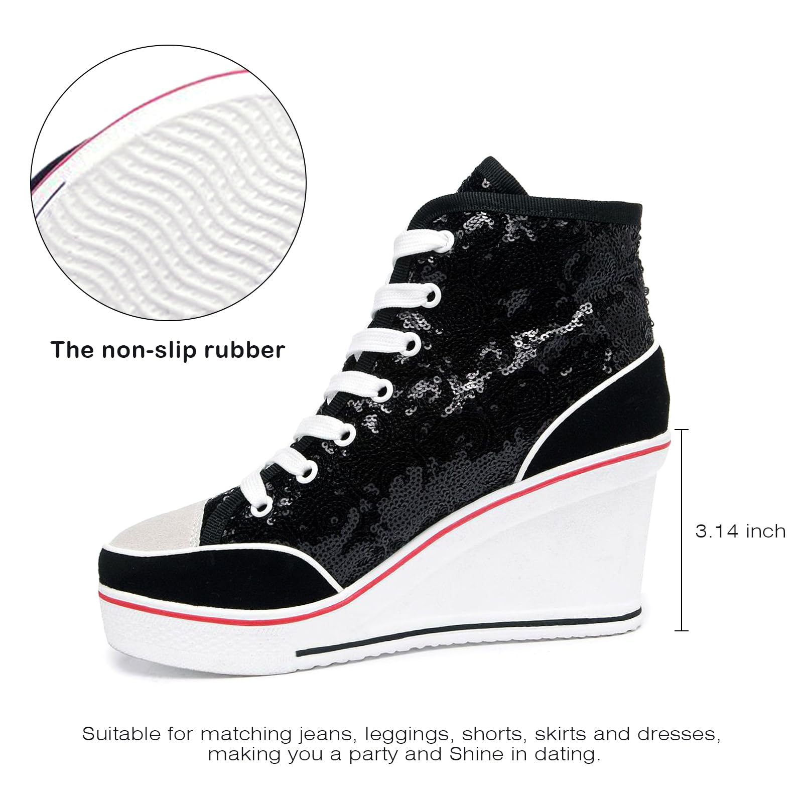 Sparkly Sequin High Top Platform Sneakers for Women - Glitter Lace Up Wedge Wedding Dressy Tennis Shoes | Perfect for Parties, Prom, and Casual Wear