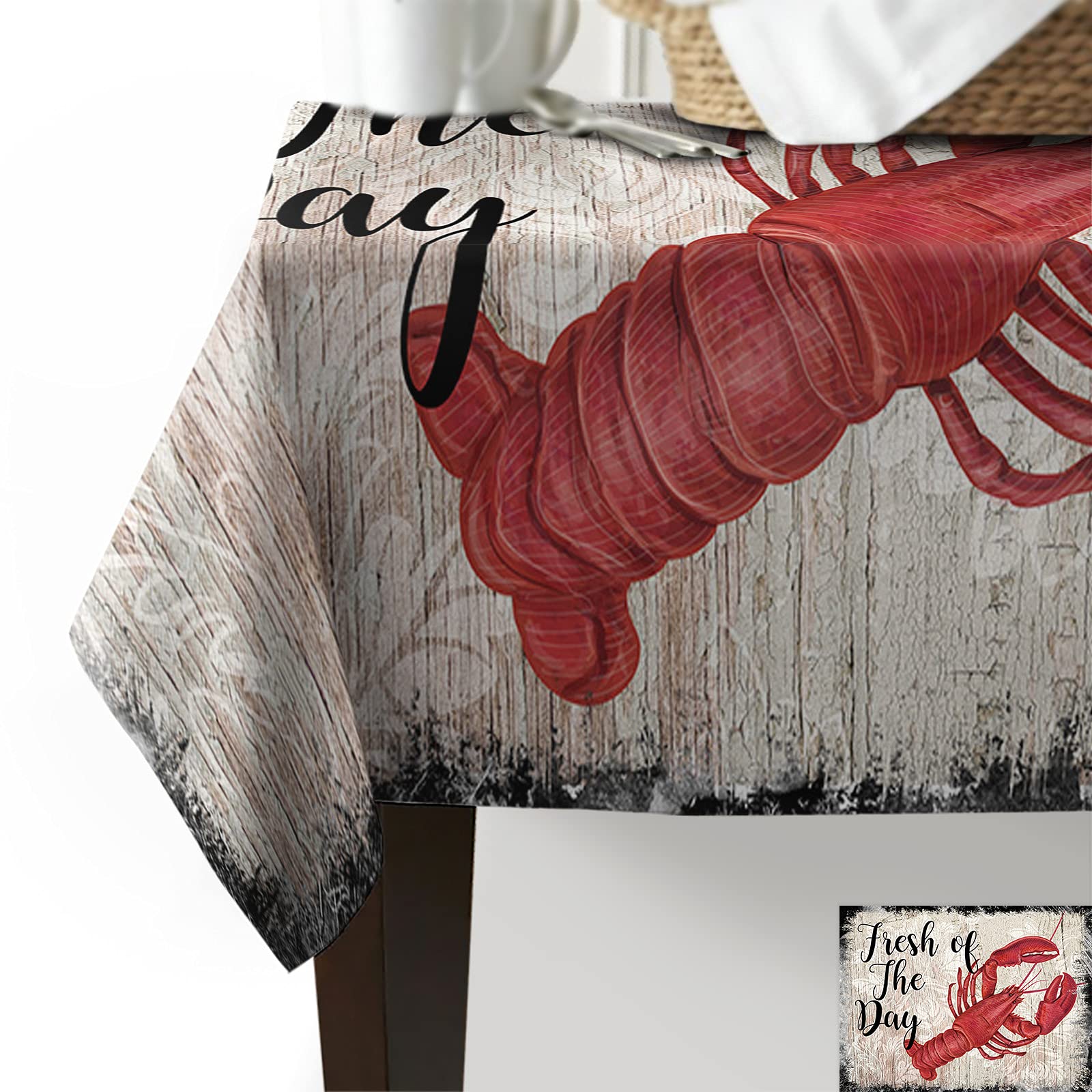 60x84 Inch Waterproof Wipeable Polyester Tablecloth for Rectangle Tables - Rustic Wood Print Kitchen Dining Table Cover for Holiday Parties, Dinner Decor & Everyday Use | Lobster & Fresh of The Day Design